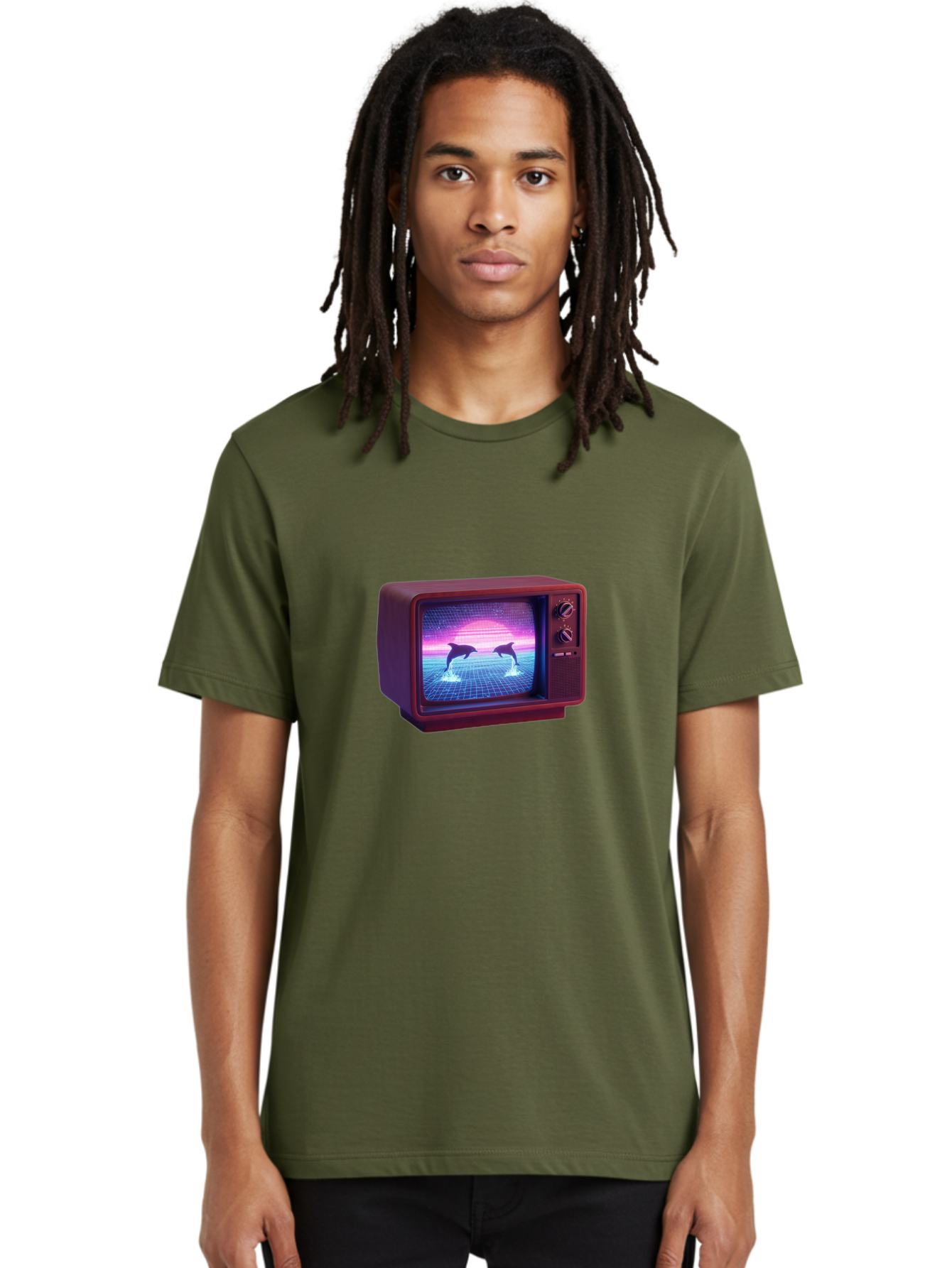 Two-Dolphins Men'S Graphic Tee, 100% Cotton, Comfortable Casual Summer Wear, Machine Washable, Retro Television, Vaporwave Aesthetic, Pixel Art, Dolphins, Sunset, 80S Nostalgia, Pixelated Graphics, Synthwave, Retrofuturism, Old School Tv Bac526 29