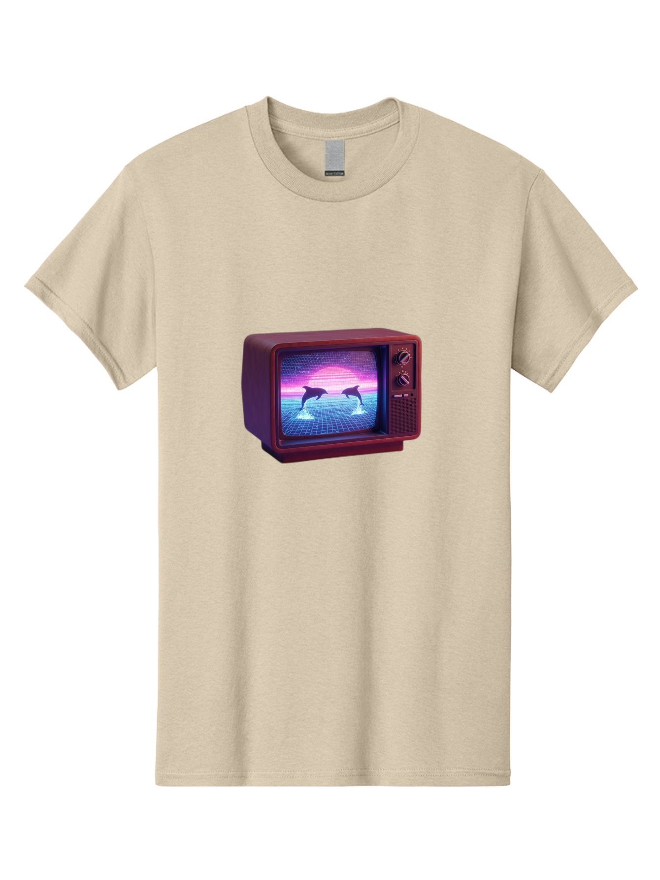 Two-Dolphins Men'S Graphic Tee, 100% Cotton, Comfortable Casual Summer Wear, Machine Washable, Retro Television, Vaporwave Aesthetic, Pixel Art, Dolphins, Sunset, 80S Nostalgia, Pixelated Graphics, Synthwave, Retrofuturism, Old School Tv Bac526 7