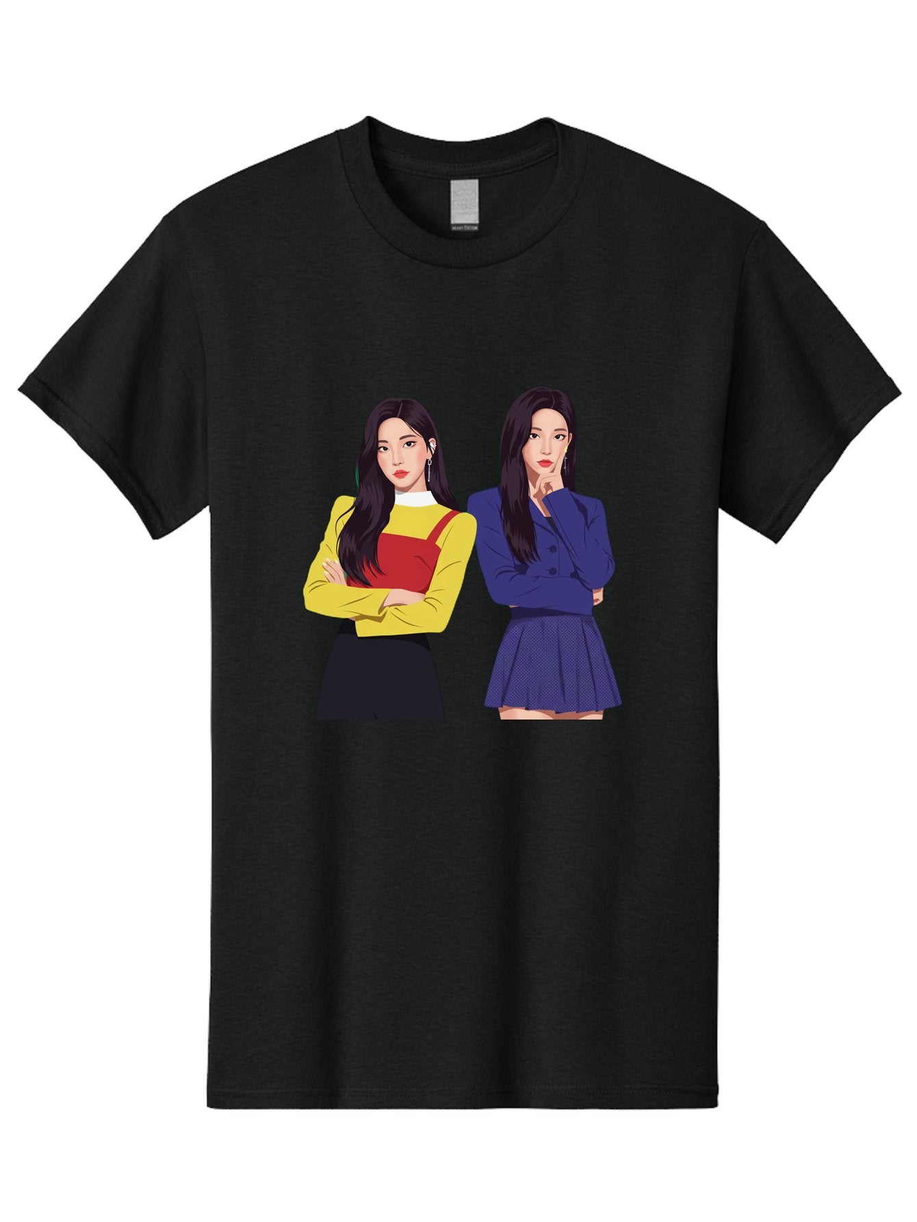 Two-Women Men'S Graphic Tee, 100% Cotton, Comfortable Casual Summer Wear, Machine Washable, Two Women Standing, Long Black Hair, Fashionable Clothing, Confident Poses, Contrasting Outfits, Yellow And Red, Blue Jacket, Pleated Skirt, Bac527 10