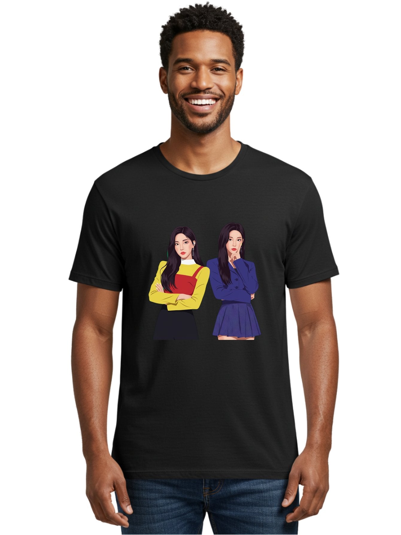 Two-Women Men'S Graphic Tee, 100% Cotton, Comfortable Casual Summer Wear, Machine Washable, Two Women Standing, Long Black Hair, Fashionable Clothing, Confident Poses, Contrasting Outfits, Yellow And Red, Blue Jacket, Pleated Skirt, Bac527 17
