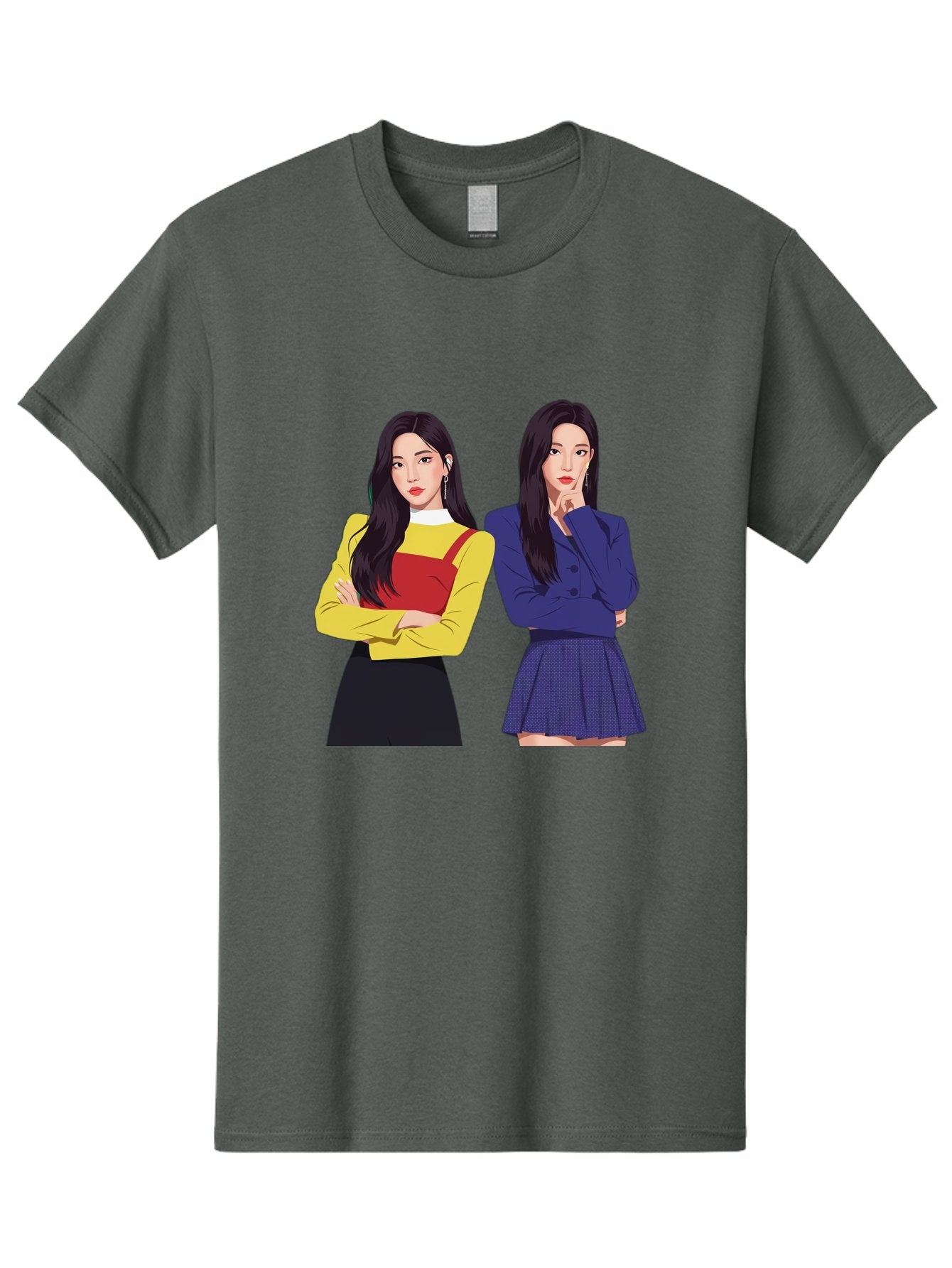Two-Women Men'S Graphic Tee, 100% Cotton, Comfortable Casual Summer Wear, Machine Washable, Two Women Standing, Long Black Hair, Fashionable Clothing, Confident Poses, Contrasting Outfits, Yellow And Red, Blue Jacket, Pleated Skirt, Bac527 7