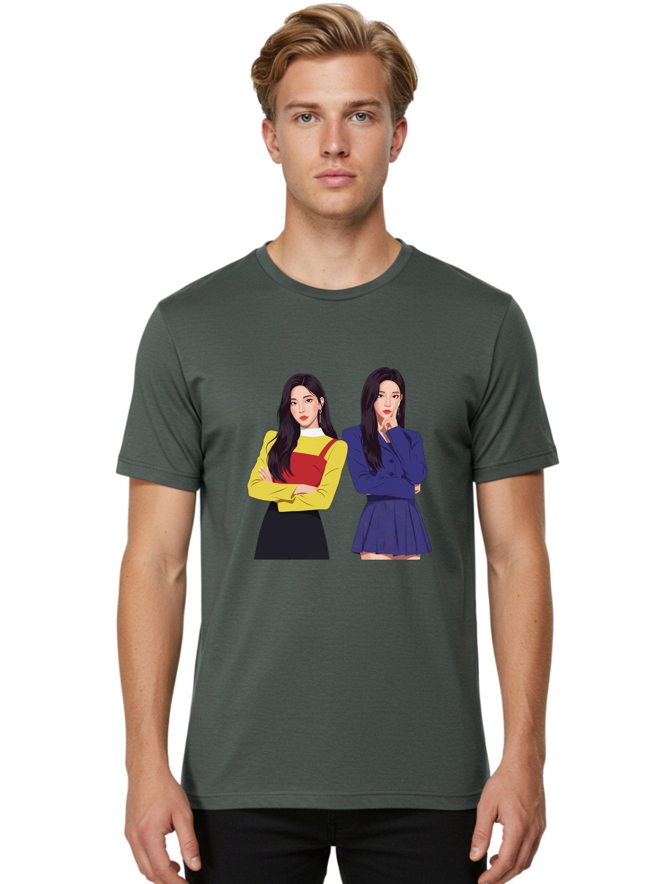 Two-Women Men'S Graphic Tee, 100% Cotton, Comfortable Casual Summer Wear, Machine Washable, Two Women Standing, Long Black Hair, Fashionable Clothing, Confident Poses, Contrasting Outfits, Yellow And Red, Blue Jacket, Pleated Skirt, Bac527 16