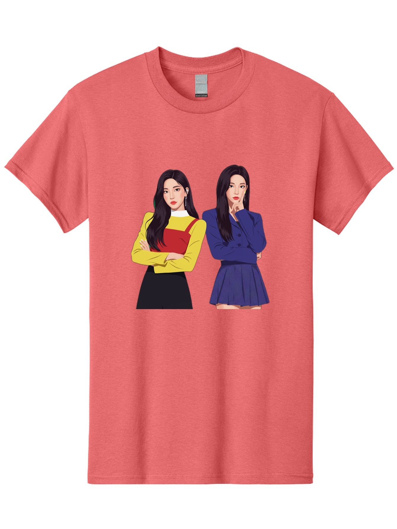 Two-Women Men'S Graphic Tee, 100% Cotton, Comfortable Casual Summer Wear, Machine Washable, Two Women Standing, Long Black Hair, Fashionable Clothing, Confident Poses, Contrasting Outfits, Yellow And Red, Blue Jacket, Pleated Skirt, Bac527 13