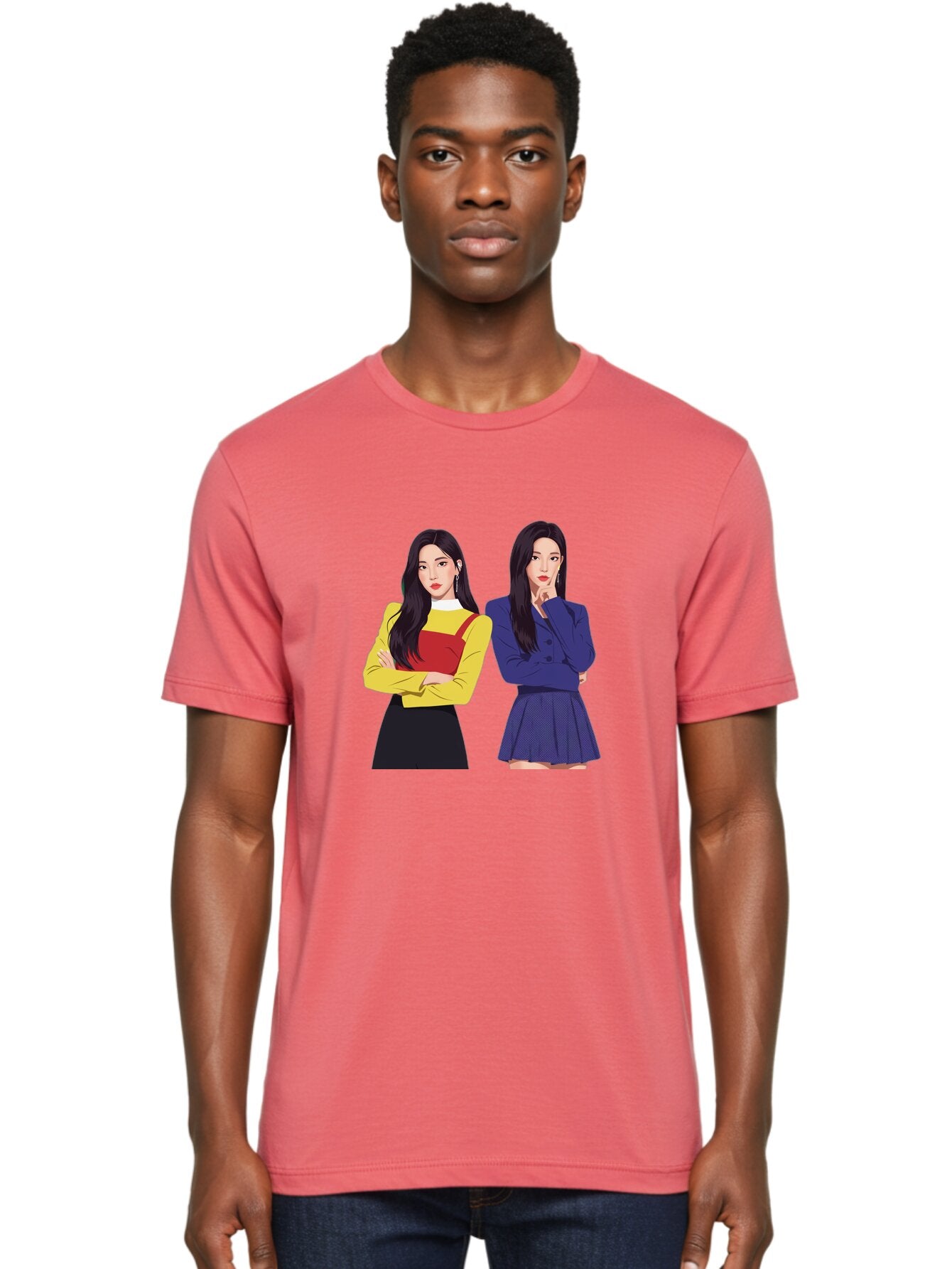 Two-Women Men'S Graphic Tee, 100% Cotton, Comfortable Casual Summer Wear, Machine Washable, Two Women Standing, Long Black Hair, Fashionable Clothing, Confident Poses, Contrasting Outfits, Yellow And Red, Blue Jacket, Pleated Skirt, Bac527 20