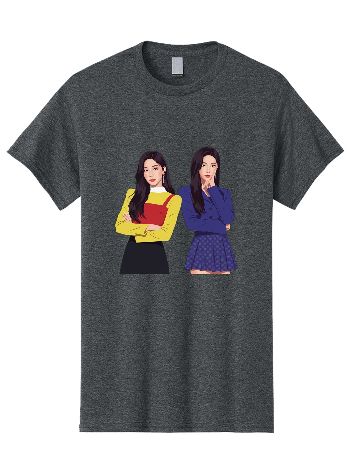 Two-Women Men'S Graphic Tee, 100% Cotton, Comfortable Casual Summer Wear, Machine Washable, Two Women Standing, Long Black Hair, Fashionable Clothing, Confident Poses, Contrasting Outfits, Yellow And Red, Blue Jacket, Pleated Skirt, Bac527 4