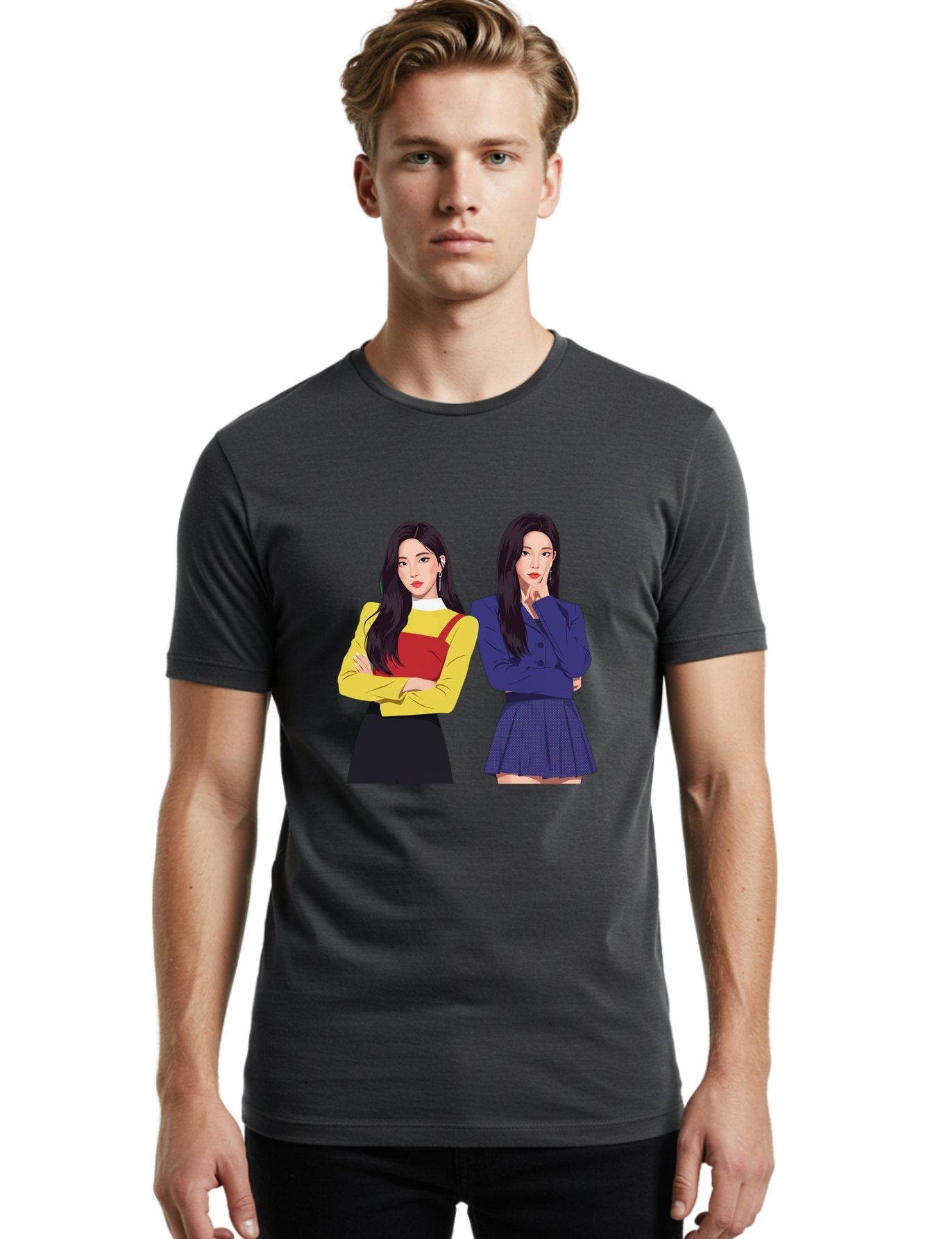 Two-Women Men'S Graphic Tee, 100% Cotton, Comfortable Casual Summer Wear, Machine Washable, Two Women Standing, Long Black Hair, Fashionable Clothing, Confident Poses, Contrasting Outfits, Yellow And Red, Blue Jacket, Pleated Skirt, Bac527 18