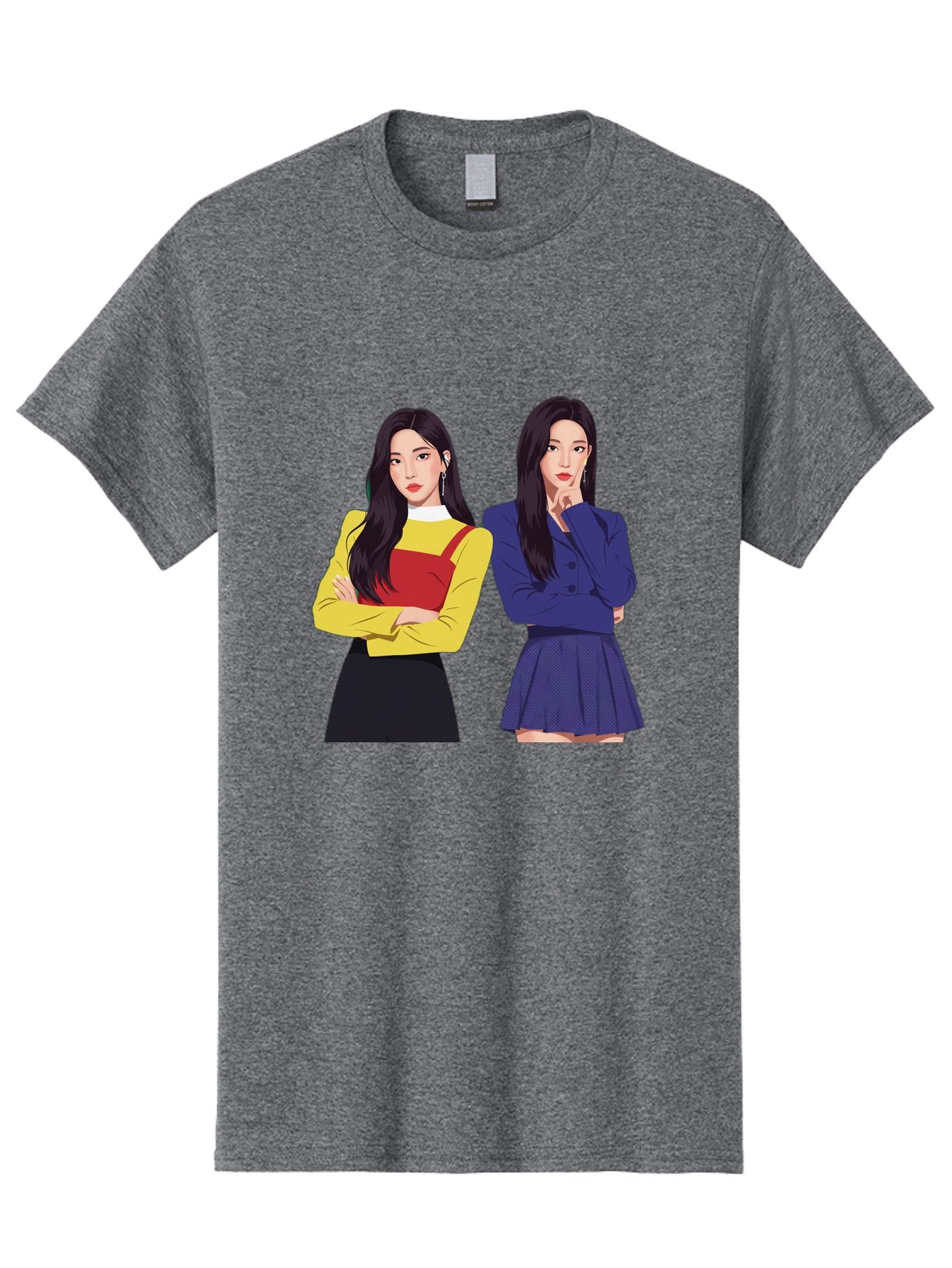 Two-Women Men'S Graphic Tee, 100% Cotton, Comfortable Casual Summer Wear, Machine Washable, Two Women Standing, Long Black Hair, Fashionable Clothing, Confident Poses, Contrasting Outfits, Yellow And Red, Blue Jacket, Pleated Skirt, Bac527 9