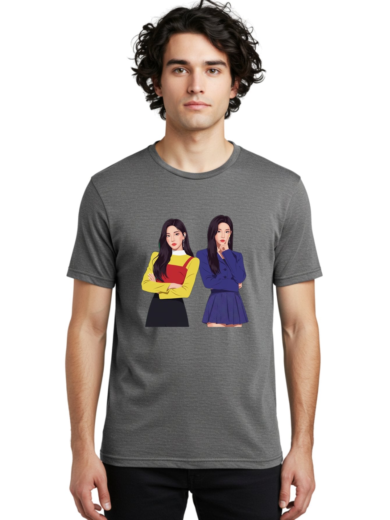 Two-Women Men'S Graphic Tee, 100% Cotton, Comfortable Casual Summer Wear, Machine Washable, Two Women Standing, Long Black Hair, Fashionable Clothing, Confident Poses, Contrasting Outfits, Yellow And Red, Blue Jacket, Pleated Skirt, Bac527 26