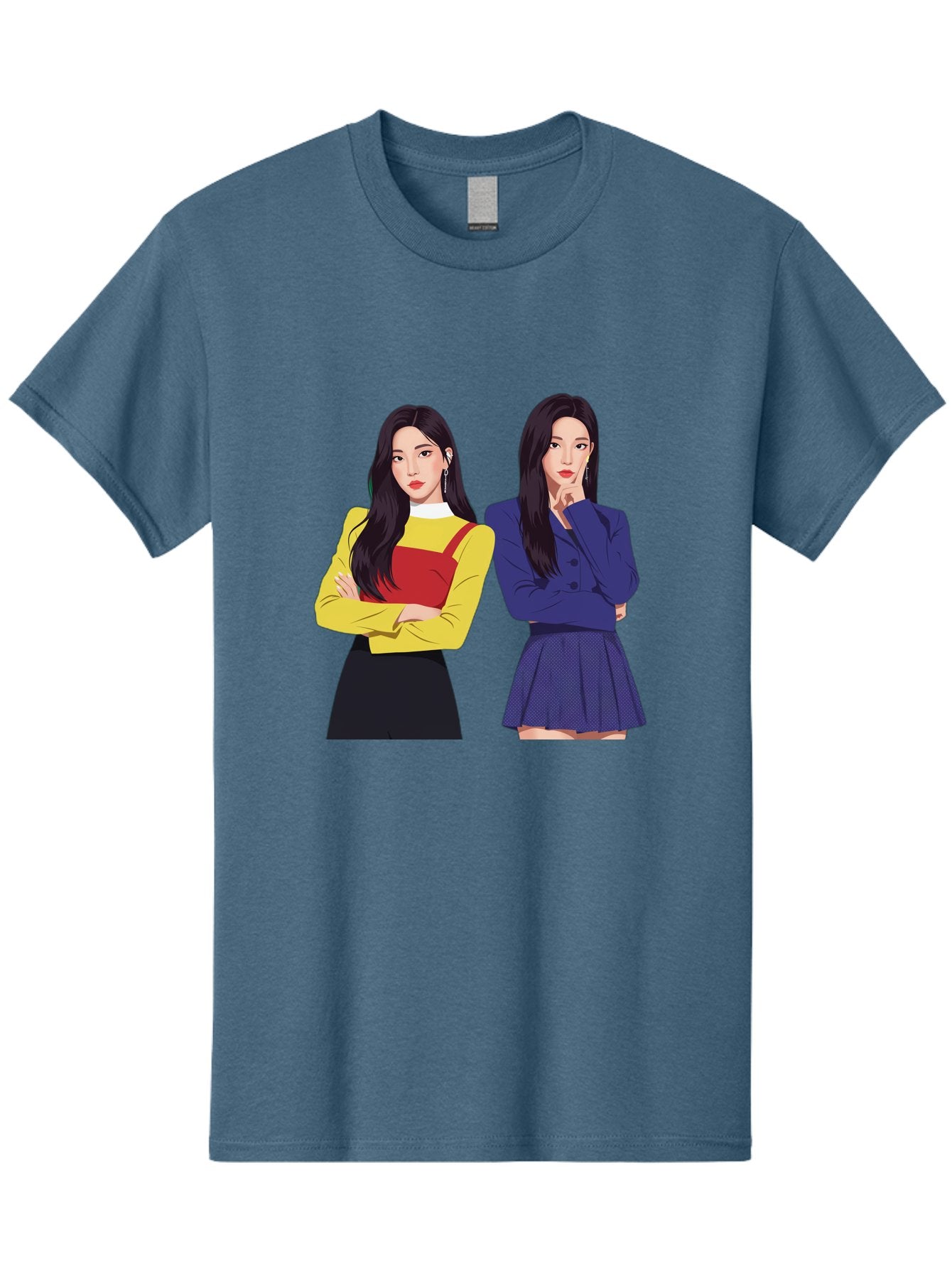 Two-Women Men'S Graphic Tee, 100% Cotton, Comfortable Casual Summer Wear, Machine Washable, Two Women Standing, Long Black Hair, Fashionable Clothing, Confident Poses, Contrasting Outfits, Yellow And Red, Blue Jacket, Pleated Skirt, Bac527 5