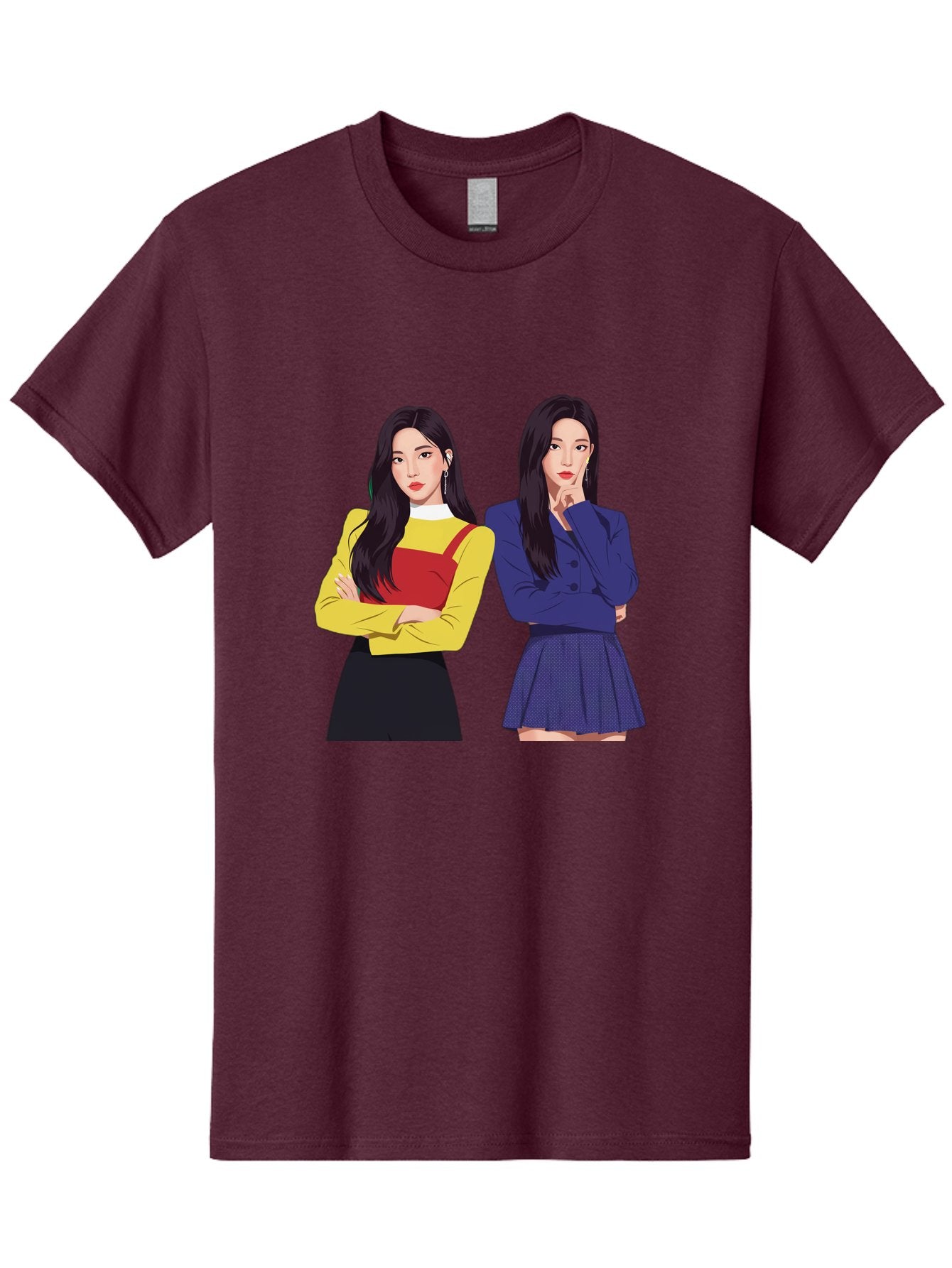 Two-Women Men'S Graphic Tee, 100% Cotton, Comfortable Casual Summer Wear, Machine Washable, Two Women Standing, Long Black Hair, Fashionable Clothing, Confident Poses, Contrasting Outfits, Yellow And Red, Blue Jacket, Pleated Skirt, Bac527