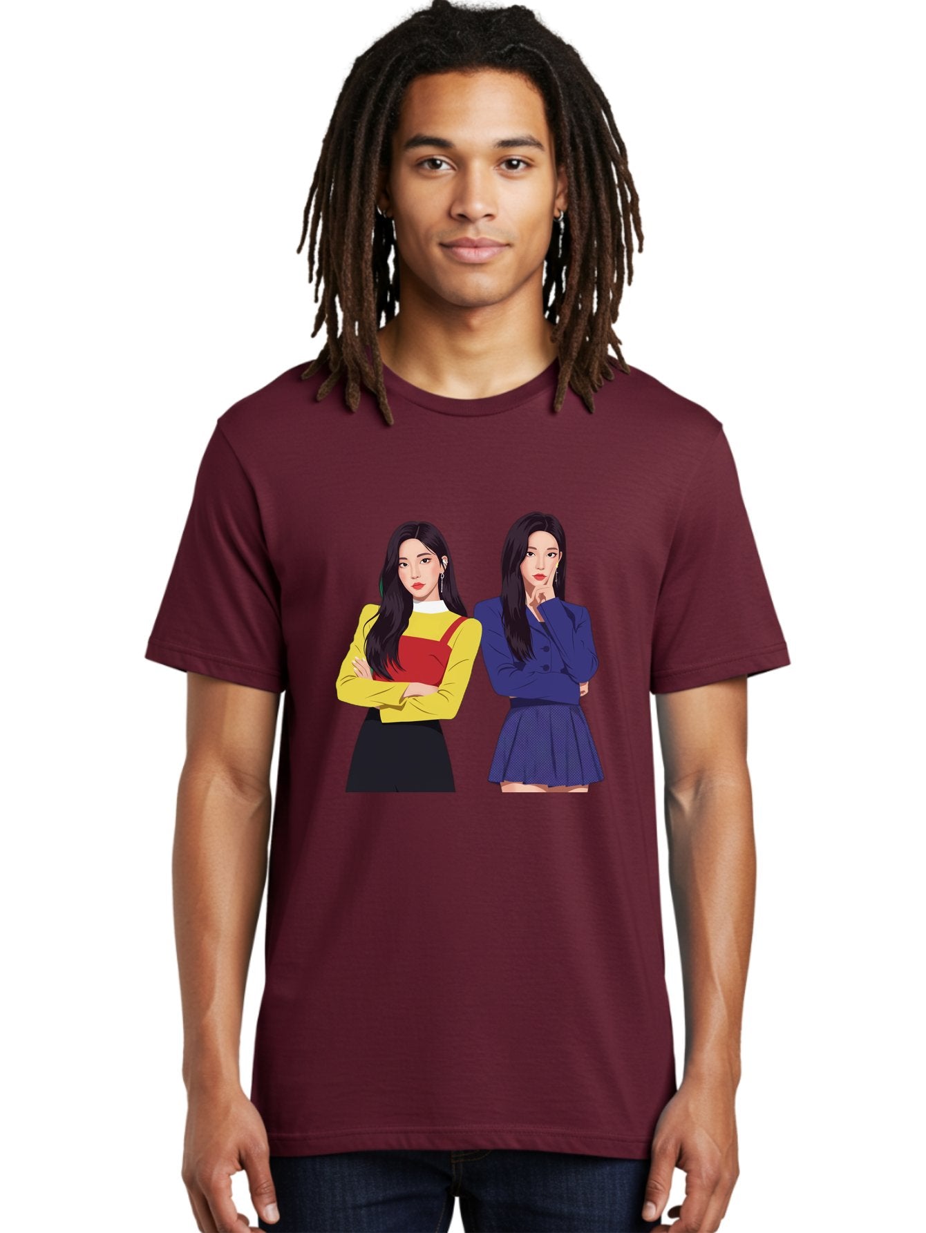 Two-Women Men'S Graphic Tee, 100% Cotton, Comfortable Casual Summer Wear, Machine Washable, Two Women Standing, Long Black Hair, Fashionable Clothing, Confident Poses, Contrasting Outfits, Yellow And Red, Blue Jacket, Pleated Skirt, Bac527 19