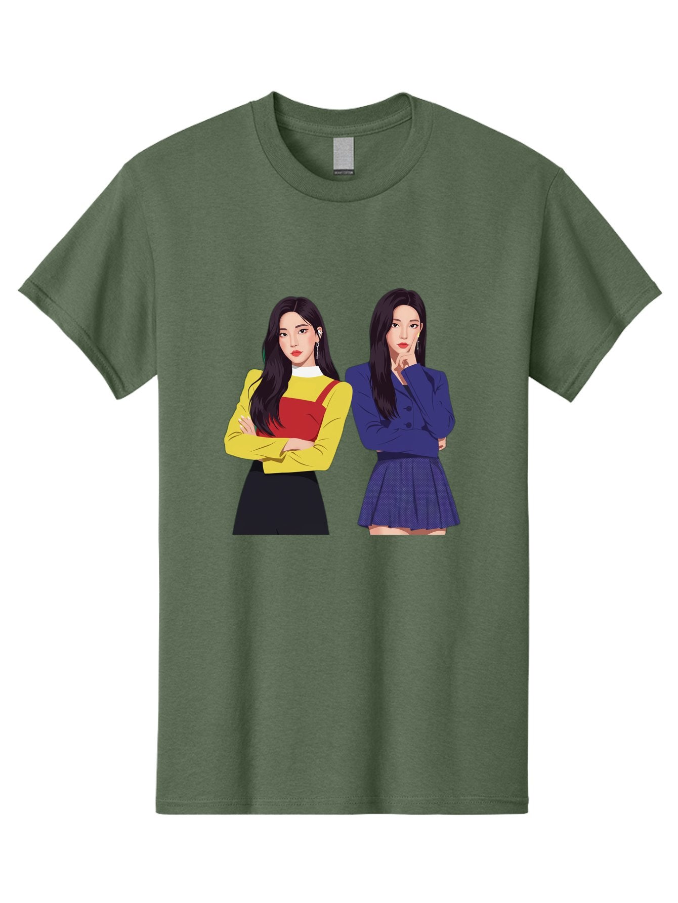 Two-Women Men'S Graphic Tee, 100% Cotton, Comfortable Casual Summer Wear, Machine Washable, Two Women Standing, Long Black Hair, Fashionable Clothing, Confident Poses, Contrasting Outfits, Yellow And Red, Blue Jacket, Pleated Skirt, Bac527 12