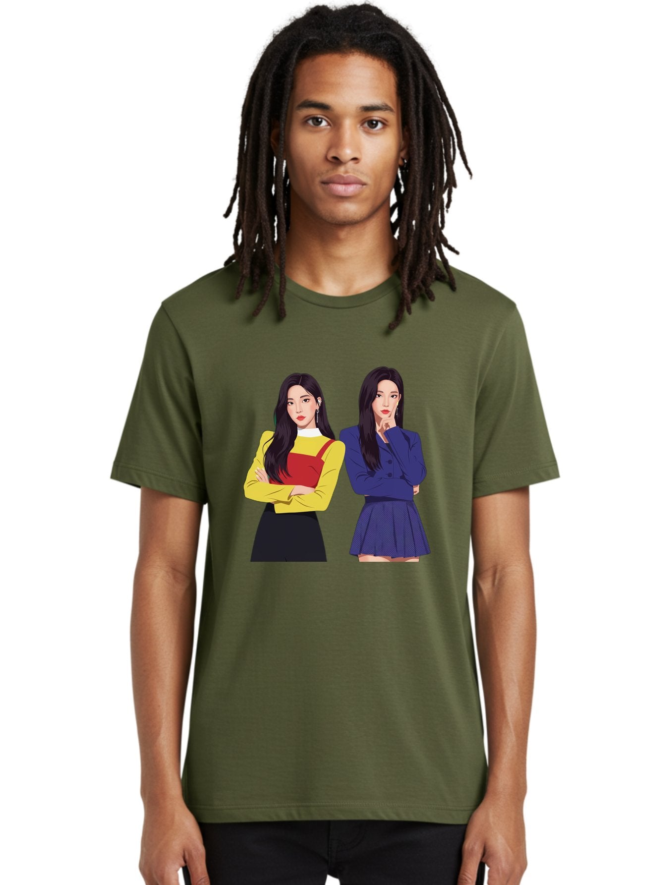 Two-Women Men'S Graphic Tee, 100% Cotton, Comfortable Casual Summer Wear, Machine Washable, Two Women Standing, Long Black Hair, Fashionable Clothing, Confident Poses, Contrasting Outfits, Yellow And Red, Blue Jacket, Pleated Skirt, Bac527 28