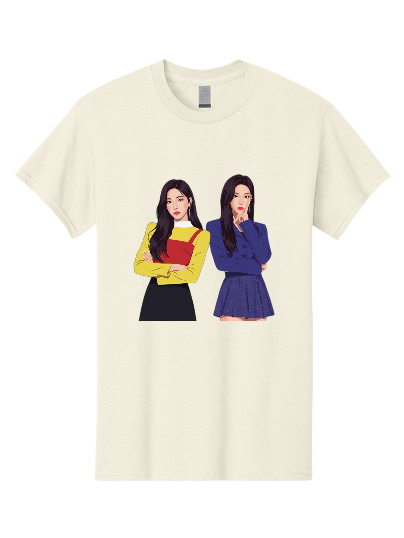 Two-Women Men'S Graphic Tee, 100% Cotton, Comfortable Casual Summer Wear, Machine Washable, Two Women Standing, Long Black Hair, Fashionable Clothing, Confident Poses, Contrasting Outfits, Yellow And Red, Blue Jacket, Pleated Skirt, Bac527 3