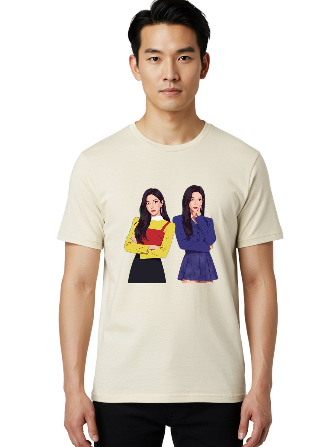Two-Women Men'S Graphic Tee, 100% Cotton, Comfortable Casual Summer Wear, Machine Washable, Two Women Standing, Long Black Hair, Fashionable Clothing, Confident Poses, Contrasting Outfits, Yellow And Red, Blue Jacket, Pleated Skirt, Bac527 22