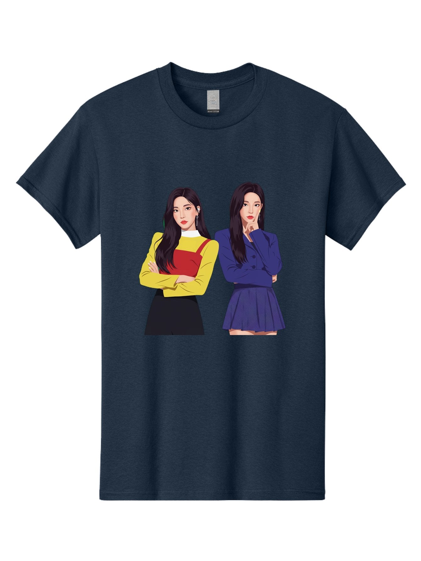 Two-Women Men'S Graphic Tee, 100% Cotton, Comfortable Casual Summer Wear, Machine Washable, Two Women Standing, Long Black Hair, Fashionable Clothing, Confident Poses, Contrasting Outfits, Yellow And Red, Blue Jacket, Pleated Skirt, Bac527