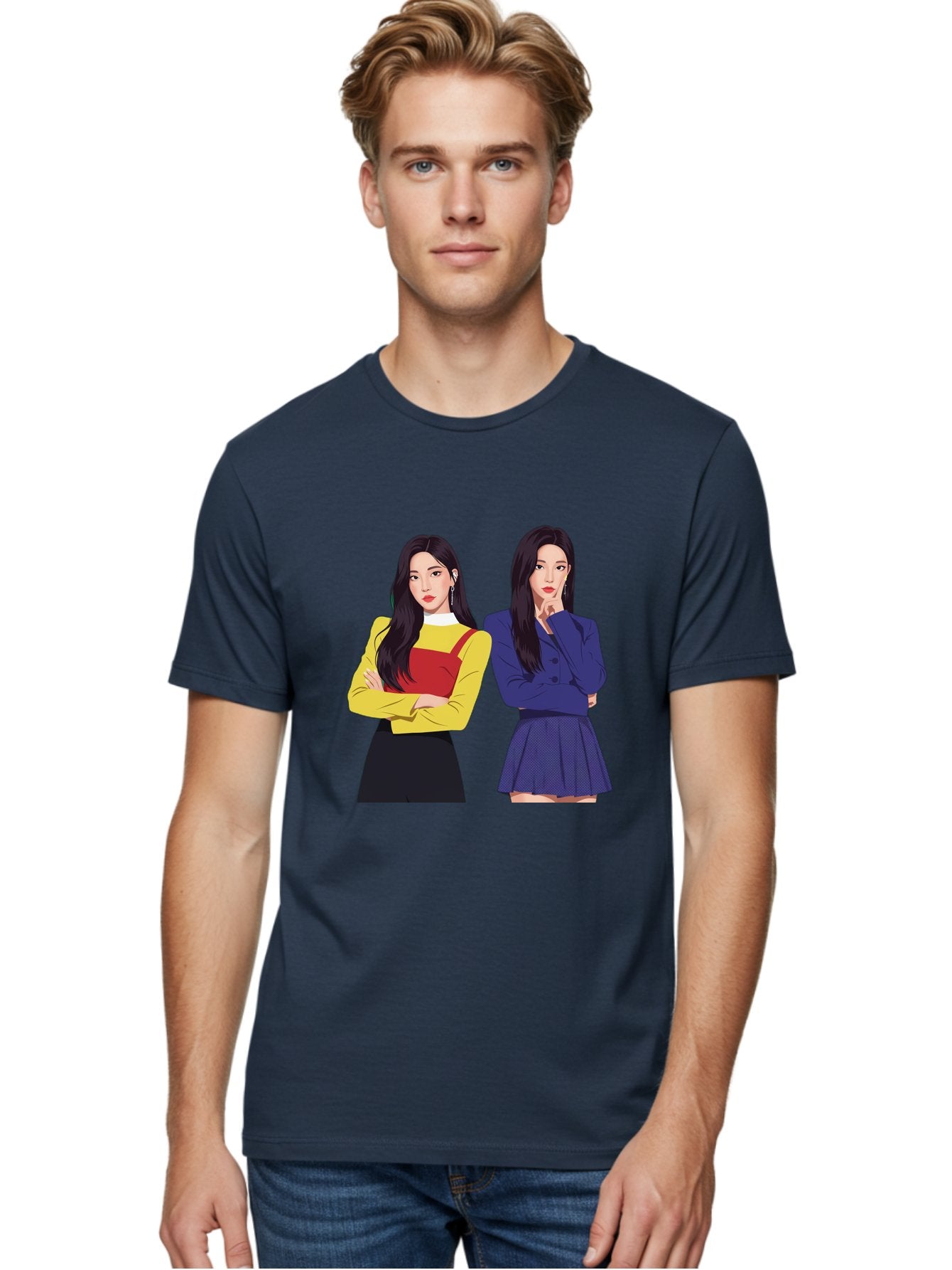 Two-Women Men'S Graphic Tee, 100% Cotton, Comfortable Casual Summer Wear, Machine Washable, Two Women Standing, Long Black Hair, Fashionable Clothing, Confident Poses, Contrasting Outfits, Yellow And Red, Blue Jacket, Pleated Skirt, Bac527 21