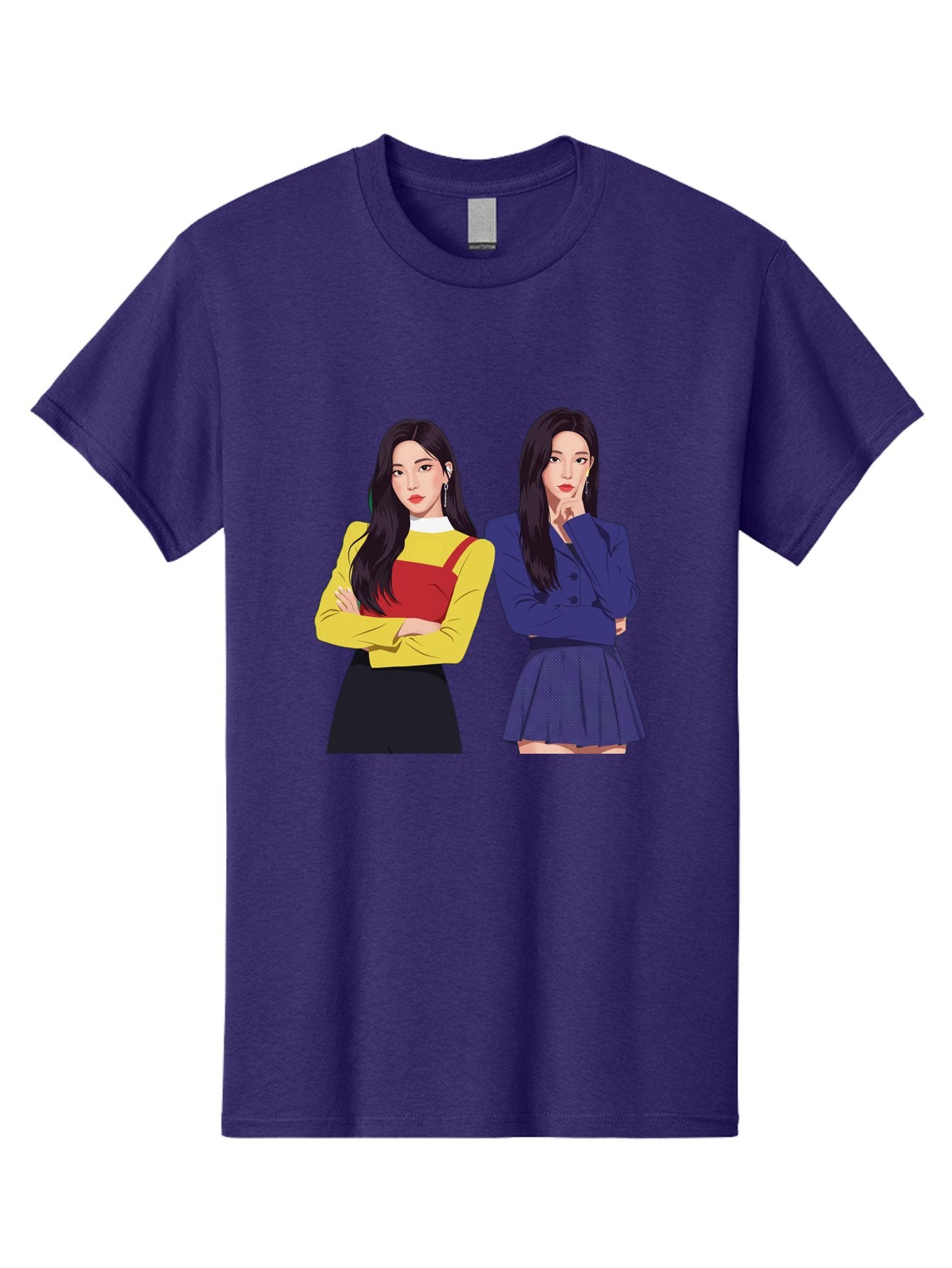 Two-Women Men'S Graphic Tee, 100% Cotton, Comfortable Casual Summer Wear, Machine Washable, Two Women Standing, Long Black Hair, Fashionable Clothing, Confident Poses, Contrasting Outfits, Yellow And Red, Blue Jacket, Pleated Skirt, Bac527 15