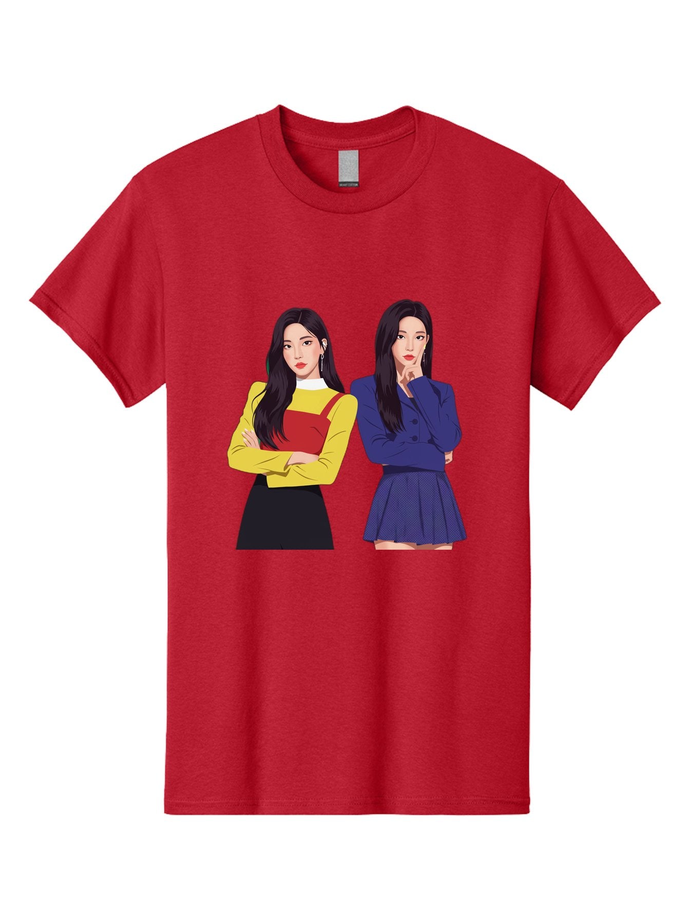 Two-Women Men'S Graphic Tee, 100% Cotton, Comfortable Casual Summer Wear, Machine Washable, Two Women Standing, Long Black Hair, Fashionable Clothing, Confident Poses, Contrasting Outfits, Yellow And Red, Blue Jacket, Pleated Skirt, Bac527 11