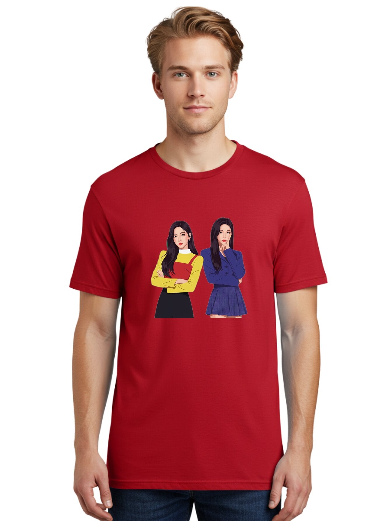 Two-Women Men'S Graphic Tee, 100% Cotton, Comfortable Casual Summer Wear, Machine Washable, Two Women Standing, Long Black Hair, Fashionable Clothing, Confident Poses, Contrasting Outfits, Yellow And Red, Blue Jacket, Pleated Skirt, Bac527 27