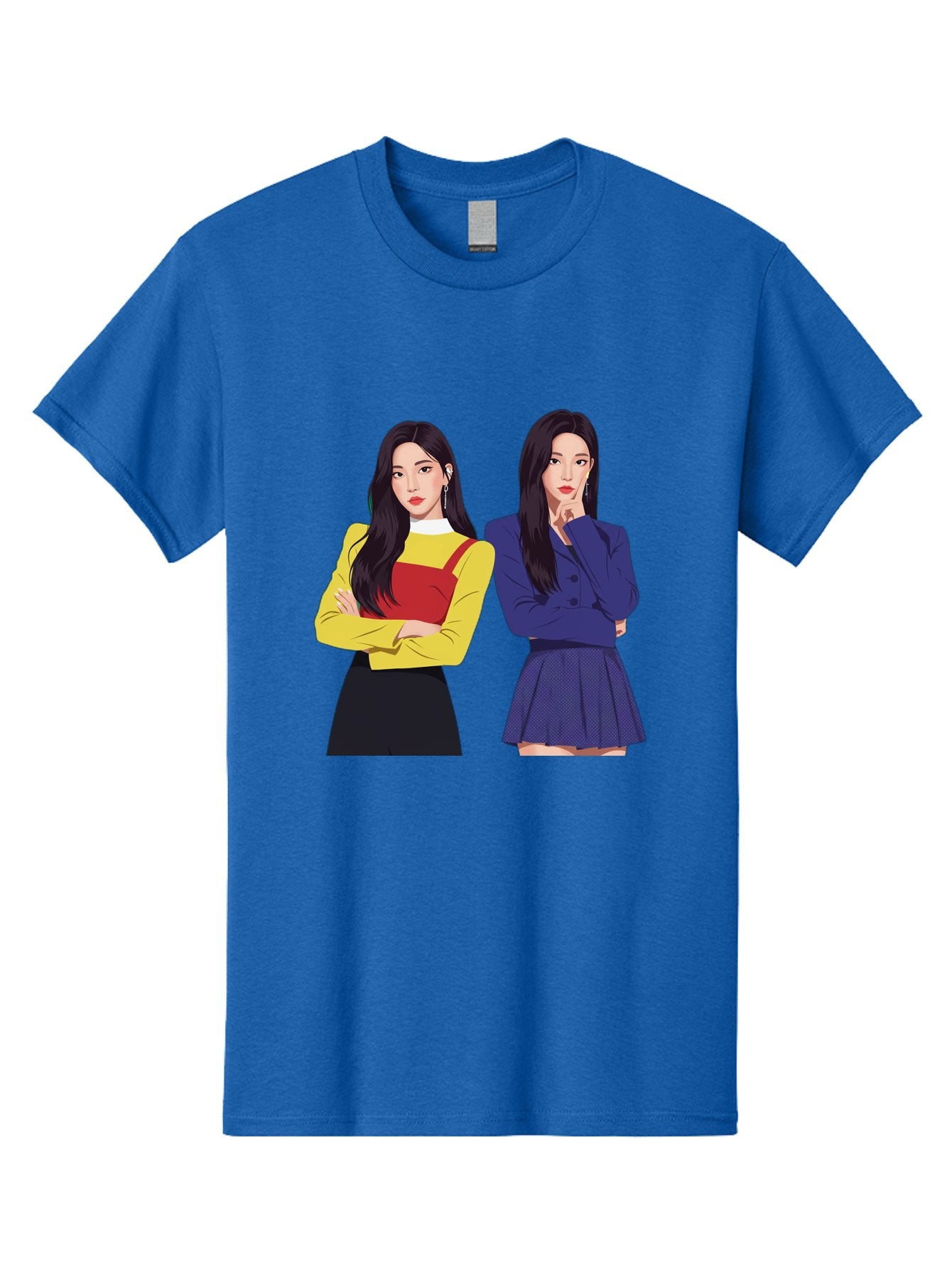 Two-Women Men'S Graphic Tee, 100% Cotton, Comfortable Casual Summer Wear, Machine Washable, Two Women Standing, Long Black Hair, Fashionable Clothing, Confident Poses, Contrasting Outfits, Yellow And Red, Blue Jacket, Pleated Skirt, Bac527 8