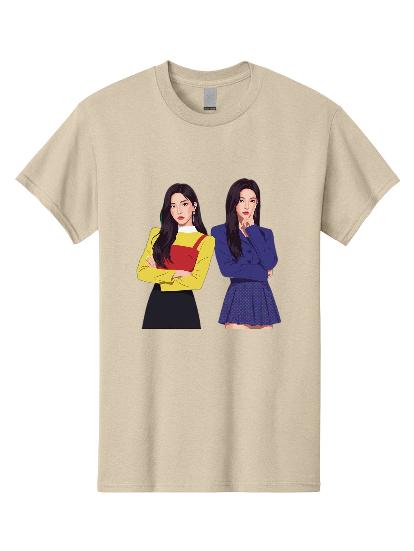 Two-Women Men'S Graphic Tee, 100% Cotton, Comfortable Casual Summer Wear, Machine Washable, Two Women Standing, Long Black Hair, Fashionable Clothing, Confident Poses, Contrasting Outfits, Yellow And Red, Blue Jacket, Pleated Skirt, Bac527 6