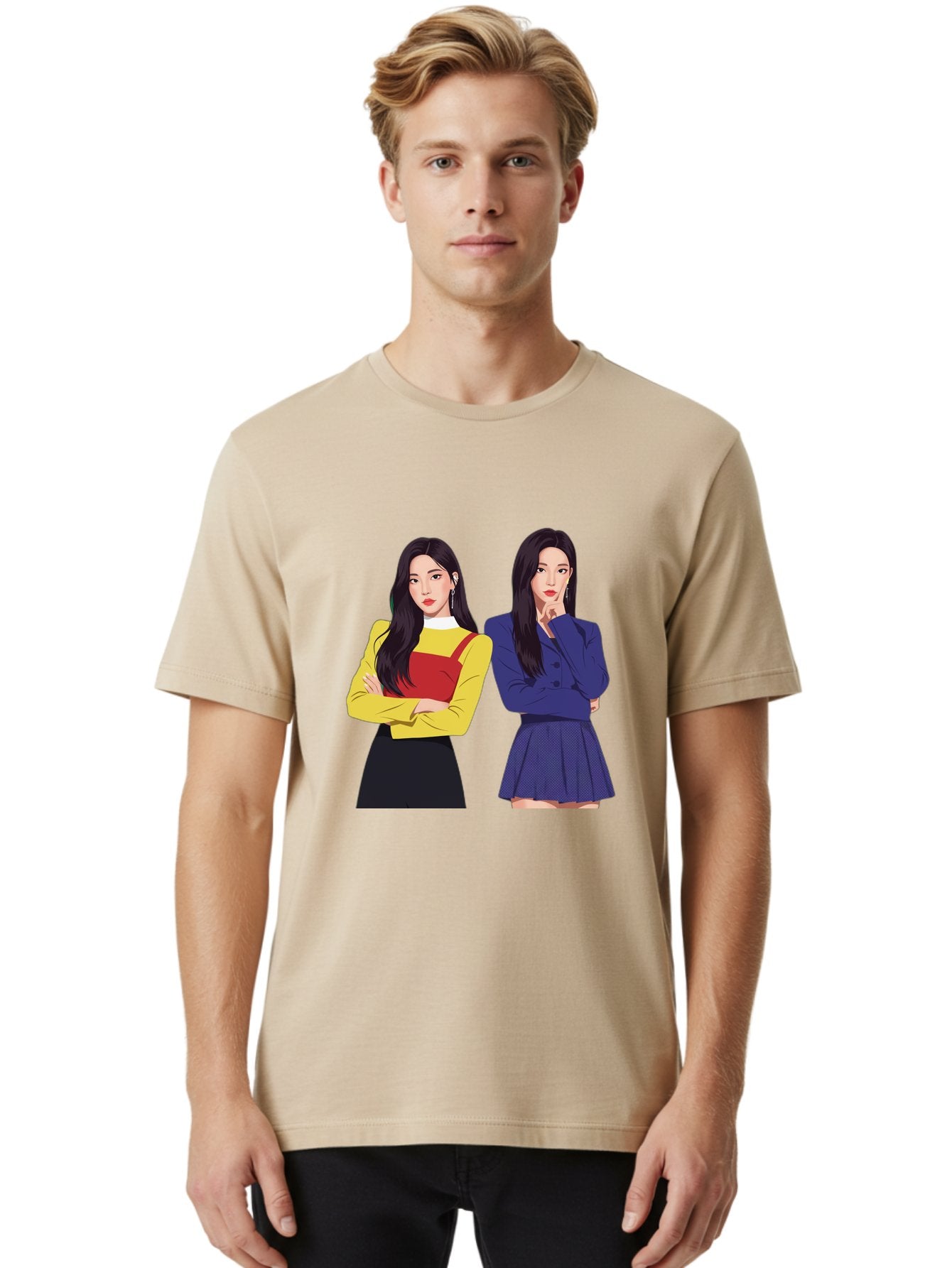 Two-Women Men'S Graphic Tee, 100% Cotton, Comfortable Casual Summer Wear, Machine Washable, Two Women Standing, Long Black Hair, Fashionable Clothing, Confident Poses, Contrasting Outfits, Yellow And Red, Blue Jacket, Pleated Skirt, Bac527 24