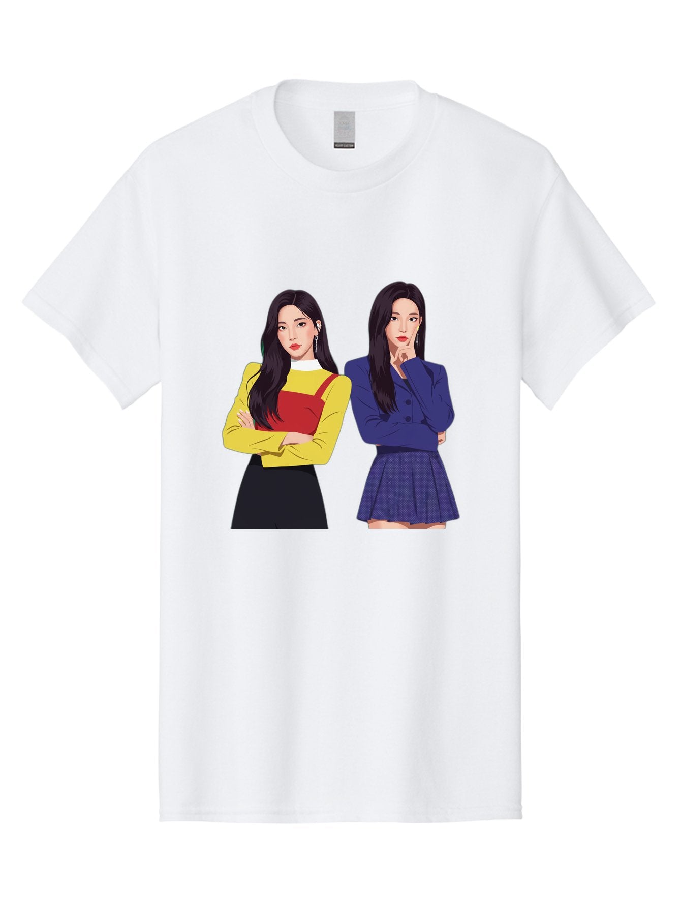 Two-Women Men'S Graphic Tee, 100% Cotton, Comfortable Casual Summer Wear, Machine Washable, Two Women Standing, Long Black Hair, Fashionable Clothing, Confident Poses, Contrasting Outfits, Yellow And Red, Blue Jacket, Pleated Skirt, Bac527 14