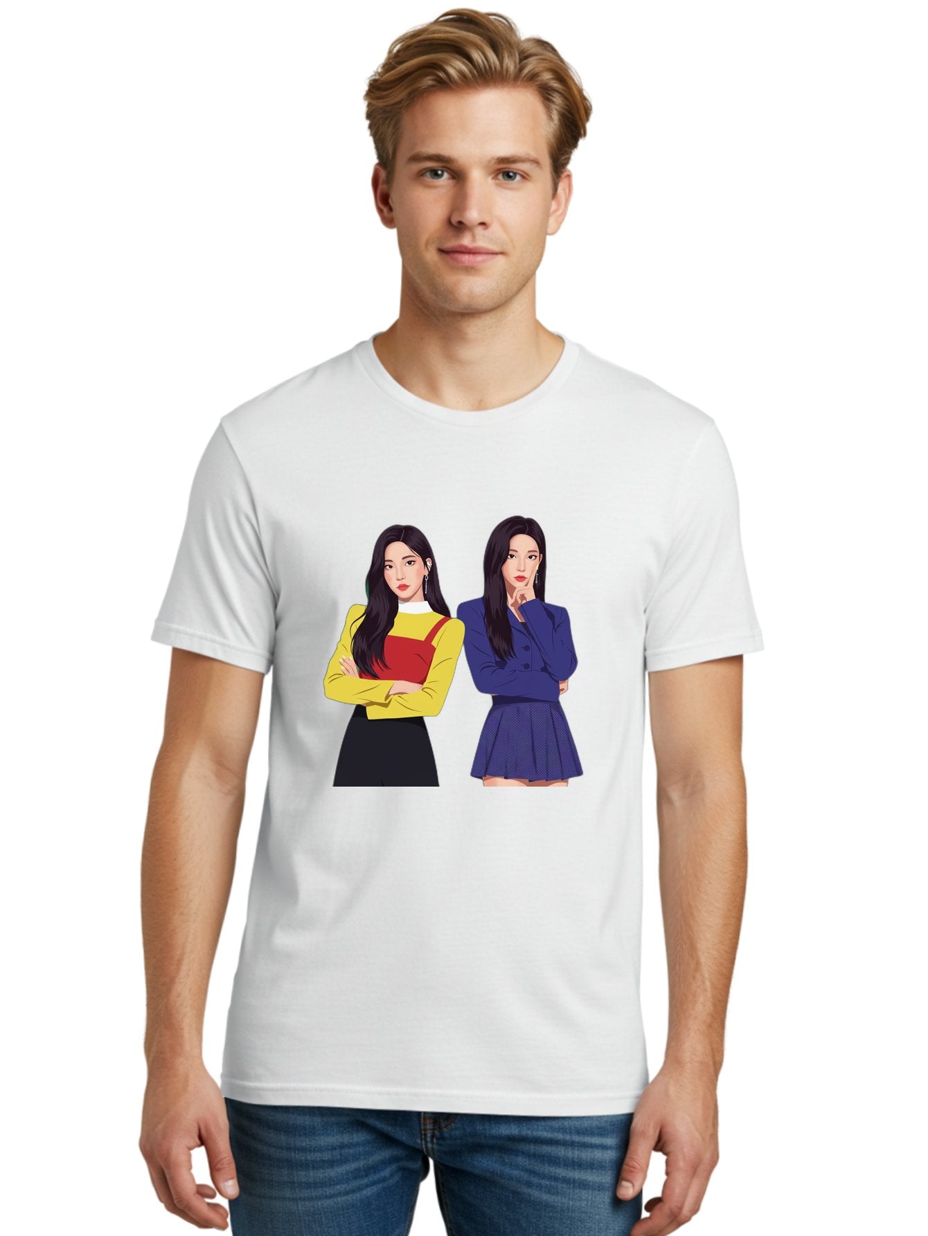 Two-Women Men'S Graphic Tee, 100% Cotton, Comfortable Casual Summer Wear, Machine Washable, Two Women Standing, Long Black Hair, Fashionable Clothing, Confident Poses, Contrasting Outfits, Yellow And Red, Blue Jacket, Pleated Skirt, Bac527 29