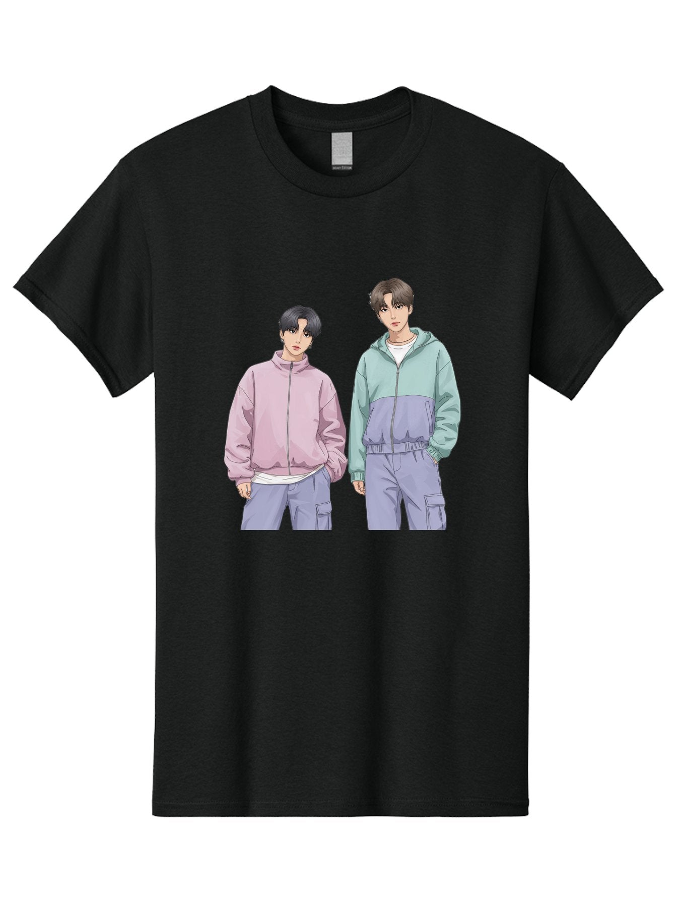 Two-Young-Men Men'S Graphic Tee, 100% Cotton, Comfortable Casual Summer Wear, Machine Washable, K-Pop Idols, Anime Style, Pastel Colors, Casual Wear, Streetwear Fashion, Purple Pants, Zip-Up Jackets, Modern Youth Culture Bac528 14