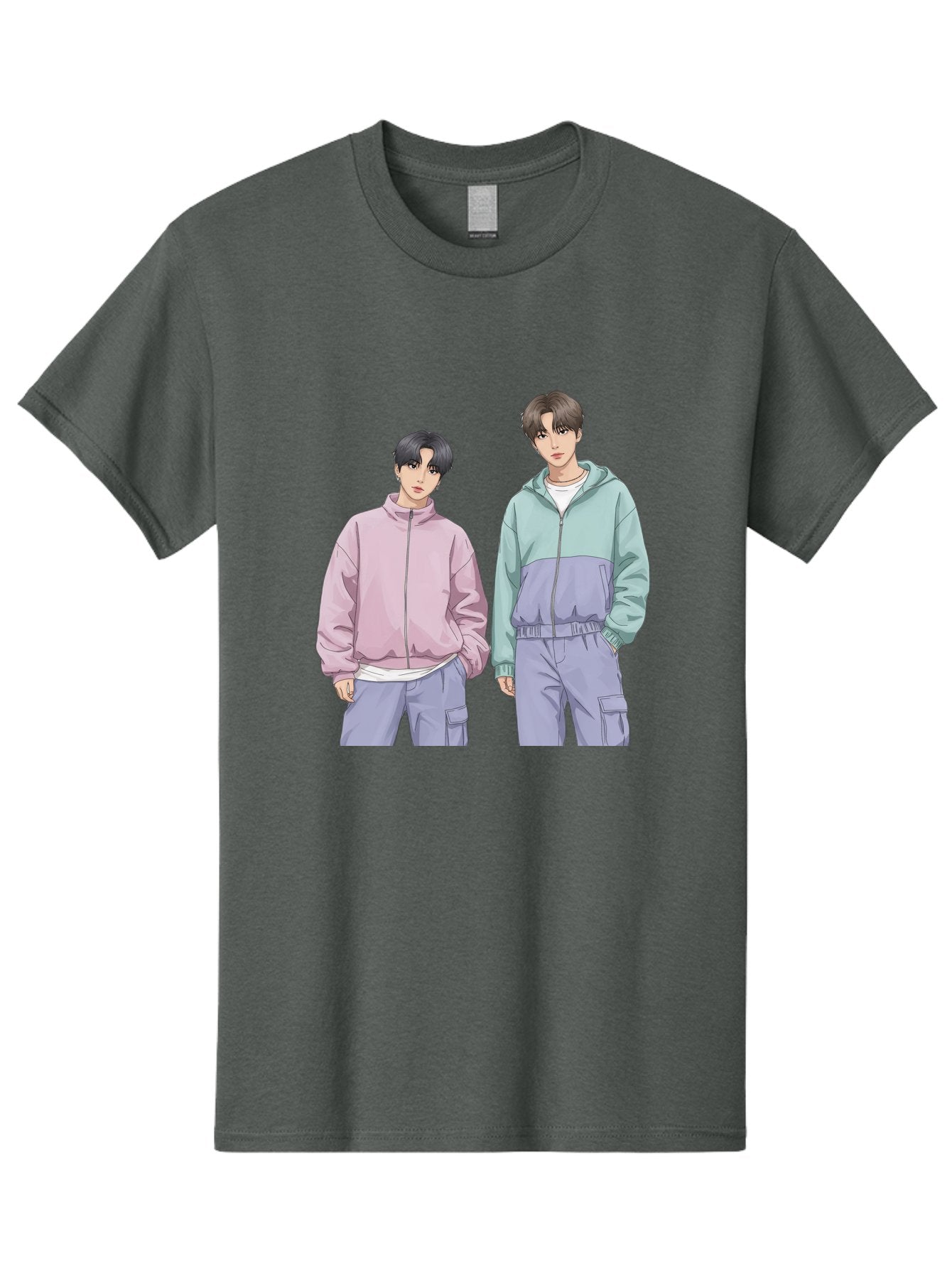 Two-Young-Men Men'S Graphic Tee, 100% Cotton, Comfortable Casual Summer Wear, Machine Washable, K-Pop Idols, Anime Style, Pastel Colors, Casual Wear, Streetwear Fashion, Purple Pants, Zip-Up Jackets, Modern Youth Culture Bac528 15