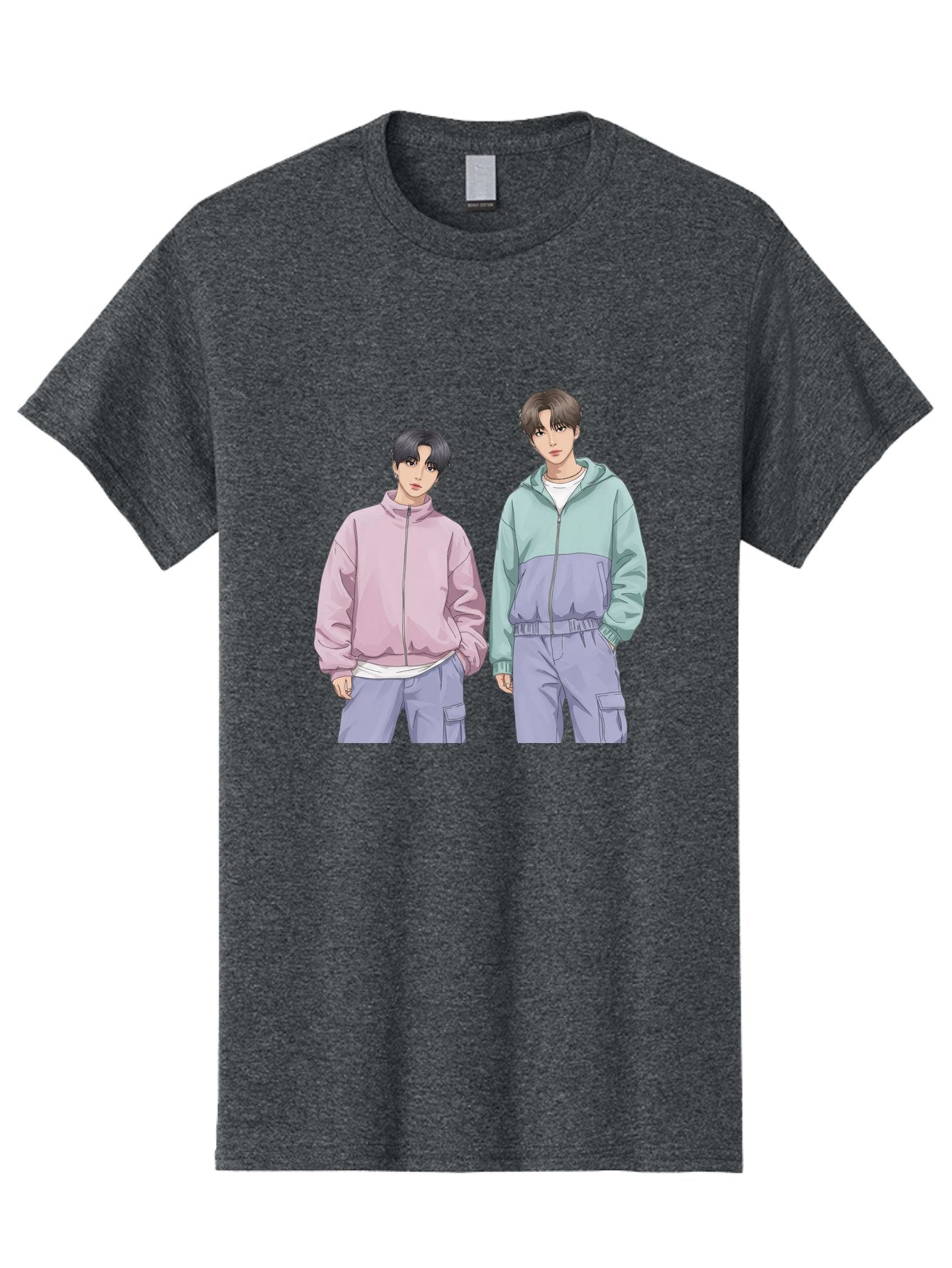Two-Young-Men Men'S Graphic Tee, 100% Cotton, Comfortable Casual Summer Wear, Machine Washable, K-Pop Idols, Anime Style, Pastel Colors, Casual Wear, Streetwear Fashion, Purple Pants, Zip-Up Jackets, Modern Youth Culture Bac528 3