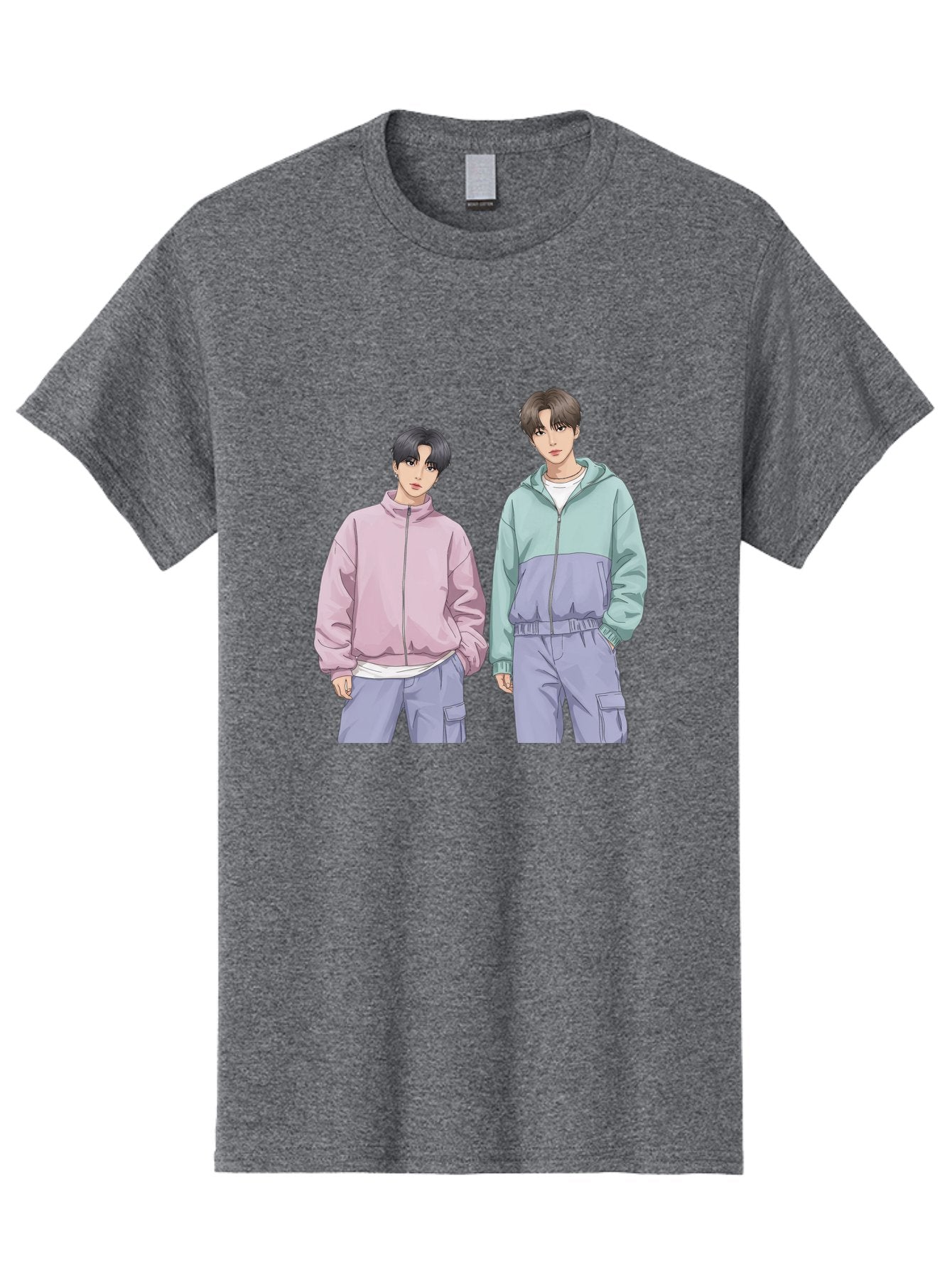 Two-Young-Men Men'S Graphic Tee, 100% Cotton, Comfortable Casual Summer Wear, Machine Washable, K-Pop Idols, Anime Style, Pastel Colors, Casual Wear, Streetwear Fashion, Purple Pants, Zip-Up Jackets, Modern Youth Culture Bac528 5