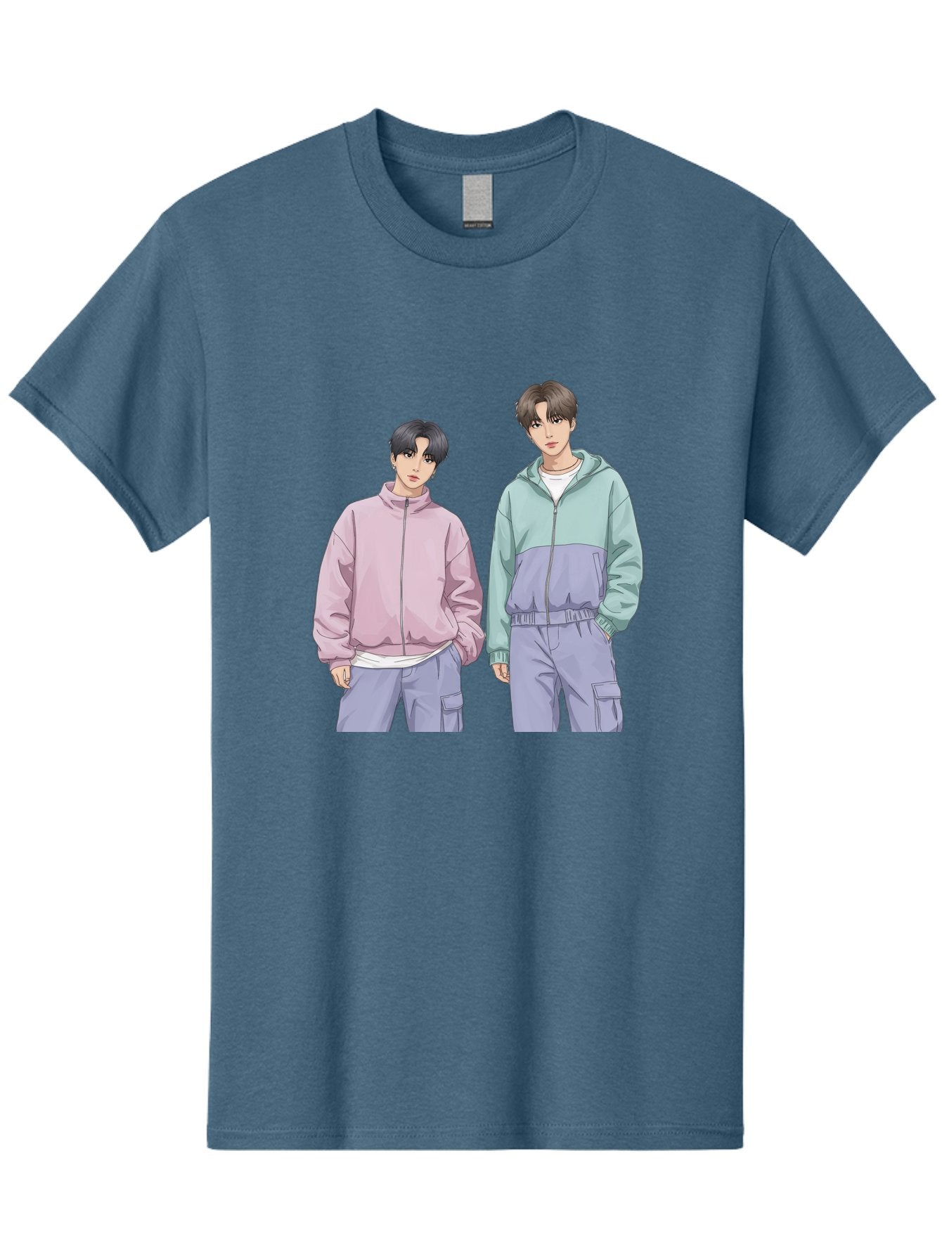 Two-Young-Men Men'S Graphic Tee, 100% Cotton, Comfortable Casual Summer Wear, Machine Washable, K-Pop Idols, Anime Style, Pastel Colors, Casual Wear, Streetwear Fashion, Purple Pants, Zip-Up Jackets, Modern Youth Culture Bac528