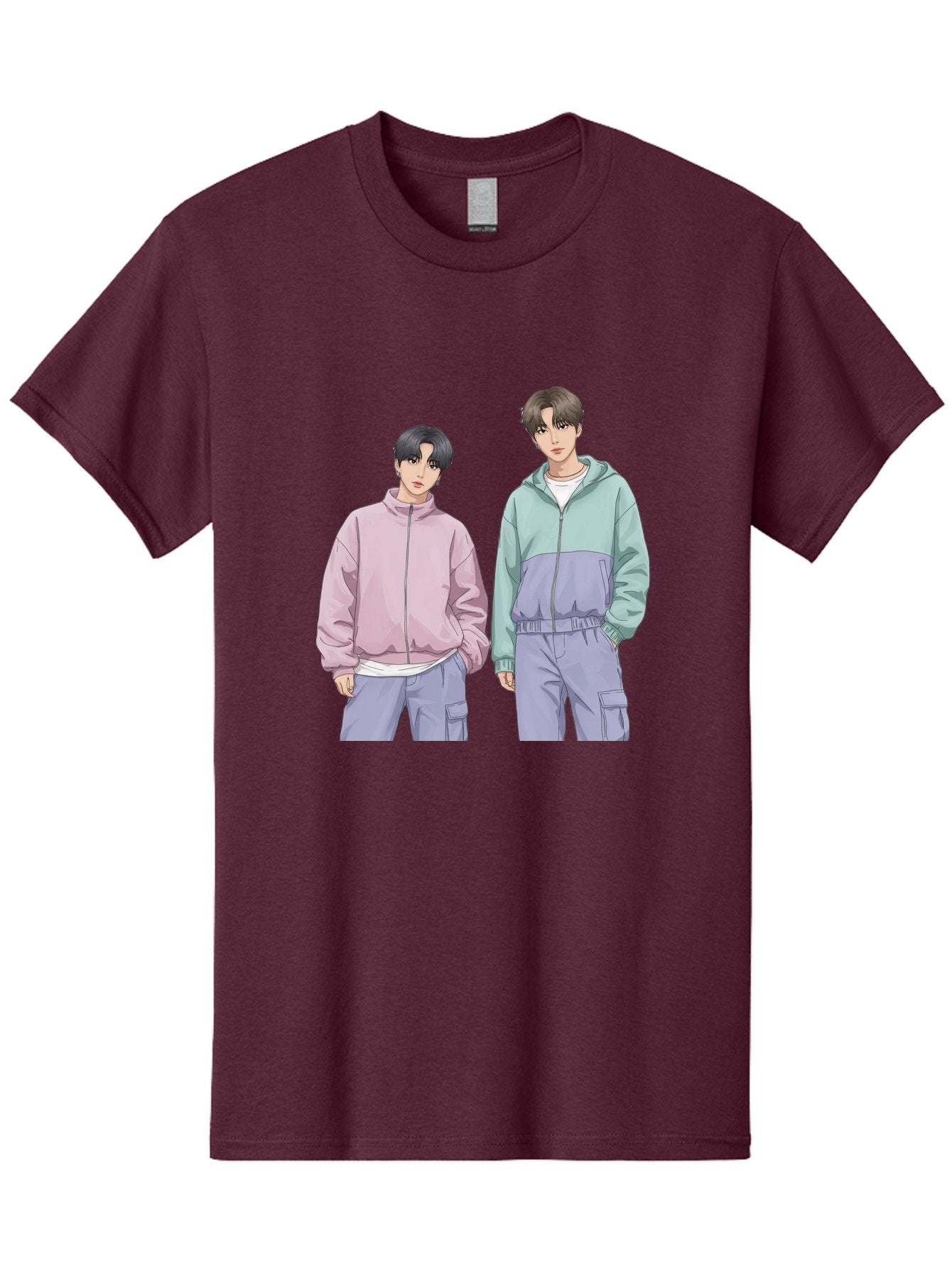 Two-Young-Men Men'S Graphic Tee, 100% Cotton, Comfortable Casual Summer Wear, Machine Washable, K-Pop Idols, Anime Style, Pastel Colors, Casual Wear, Streetwear Fashion, Purple Pants, Zip-Up Jackets, Modern Youth Culture Bac528