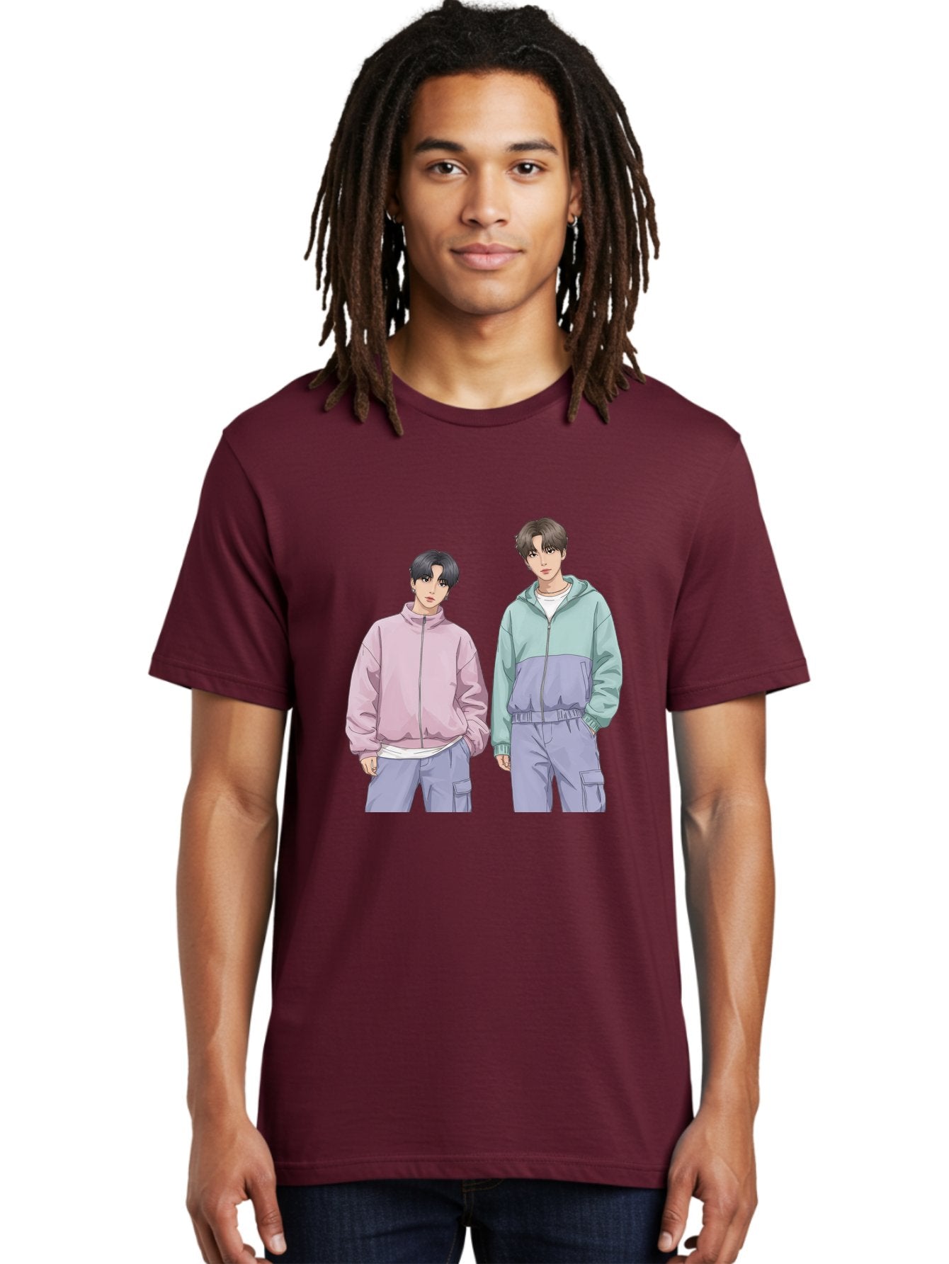 Two-Young-Men Men'S Graphic Tee, 100% Cotton, Comfortable Casual Summer Wear, Machine Washable, K-Pop Idols, Anime Style, Pastel Colors, Casual Wear, Streetwear Fashion, Purple Pants, Zip-Up Jackets, Modern Youth Culture Bac528 19