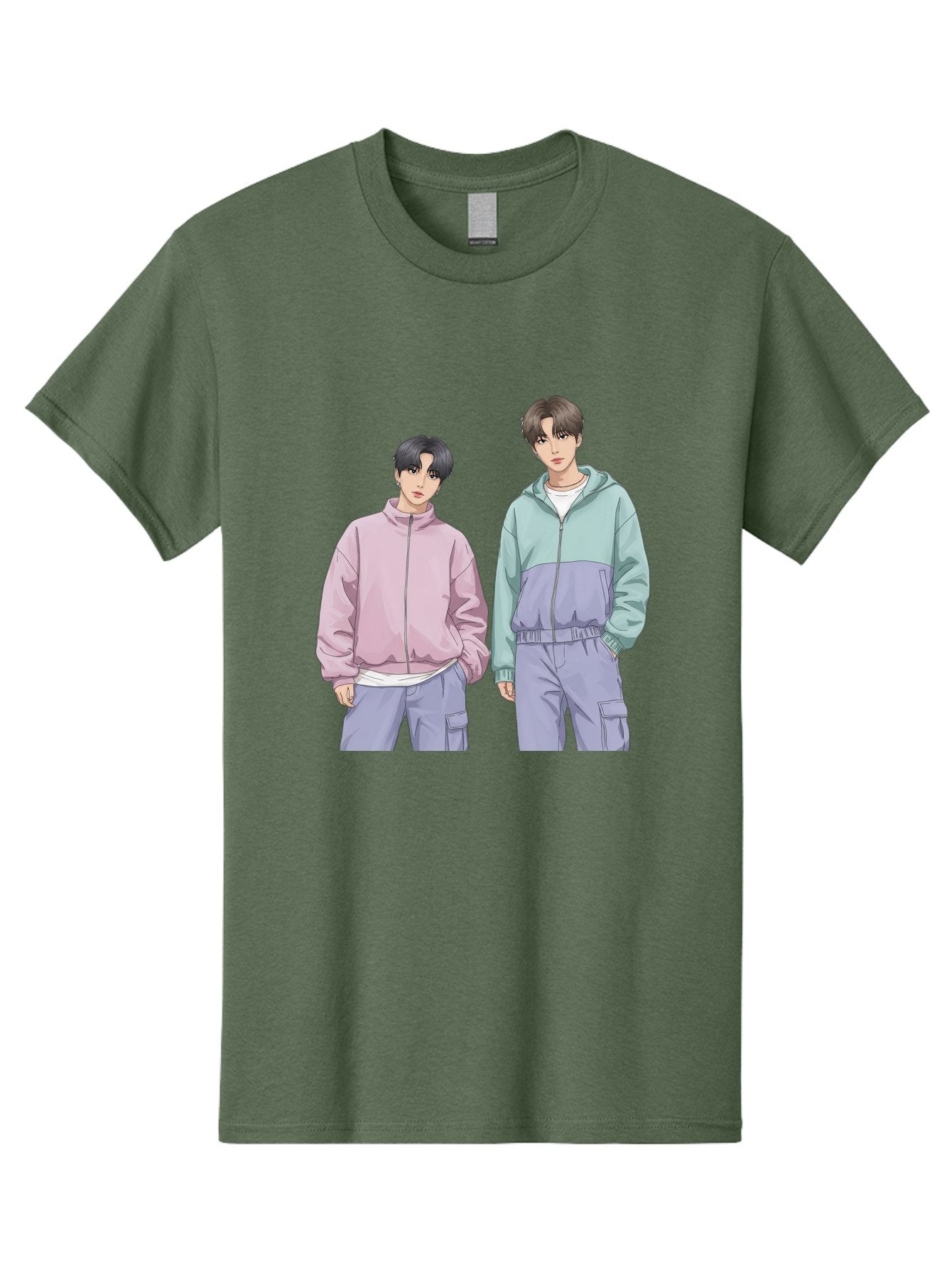 Two-Young-Men Men'S Graphic Tee, 100% Cotton, Comfortable Casual Summer Wear, Machine Washable, K-Pop Idols, Anime Style, Pastel Colors, Casual Wear, Streetwear Fashion, Purple Pants, Zip-Up Jackets, Modern Youth Culture Bac528 9