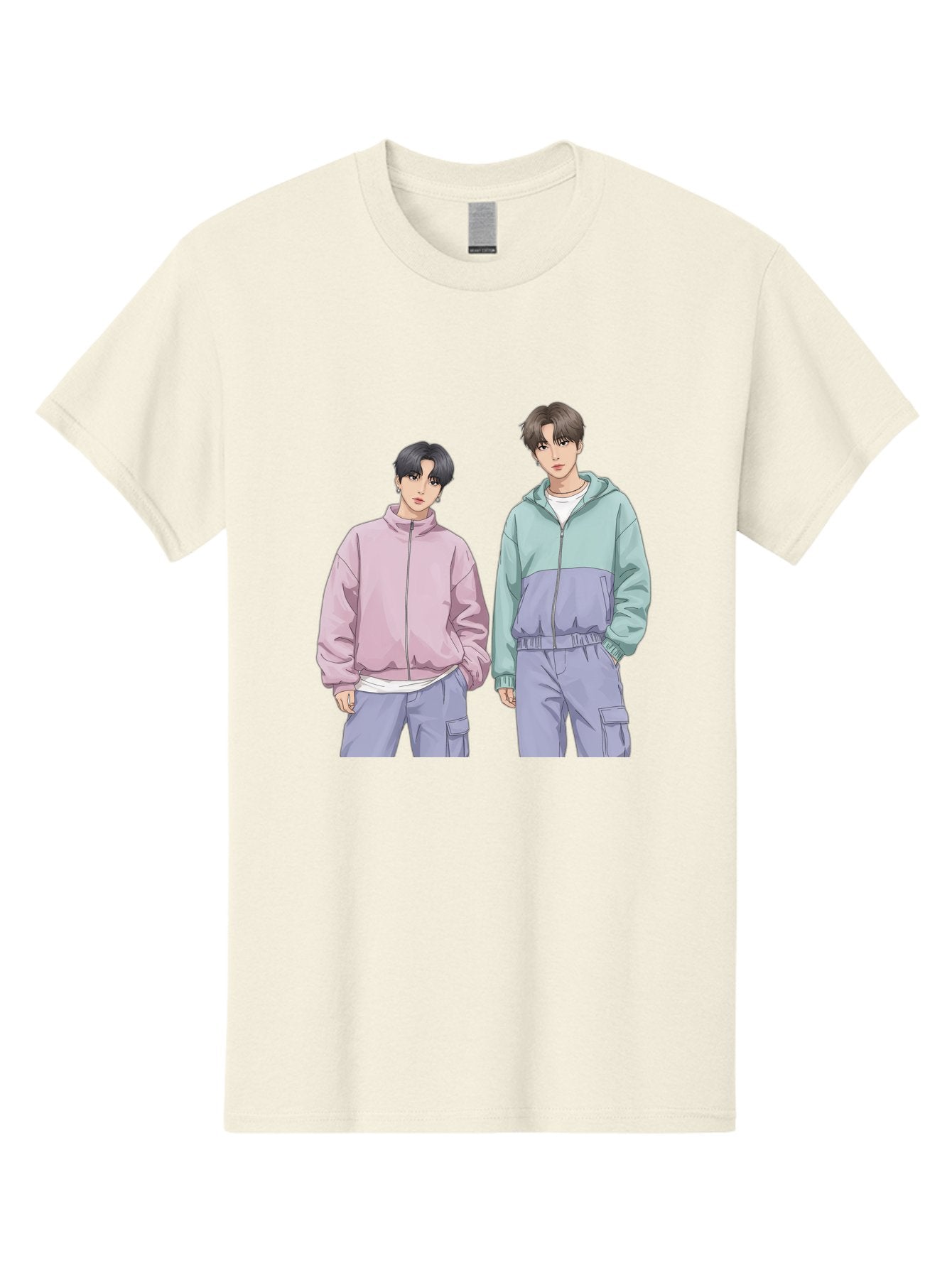 Two-Young-Men Men'S Graphic Tee, 100% Cotton, Comfortable Casual Summer Wear, Machine Washable, K-Pop Idols, Anime Style, Pastel Colors, Casual Wear, Streetwear Fashion, Purple Pants, Zip-Up Jackets, Modern Youth Culture Bac528 11