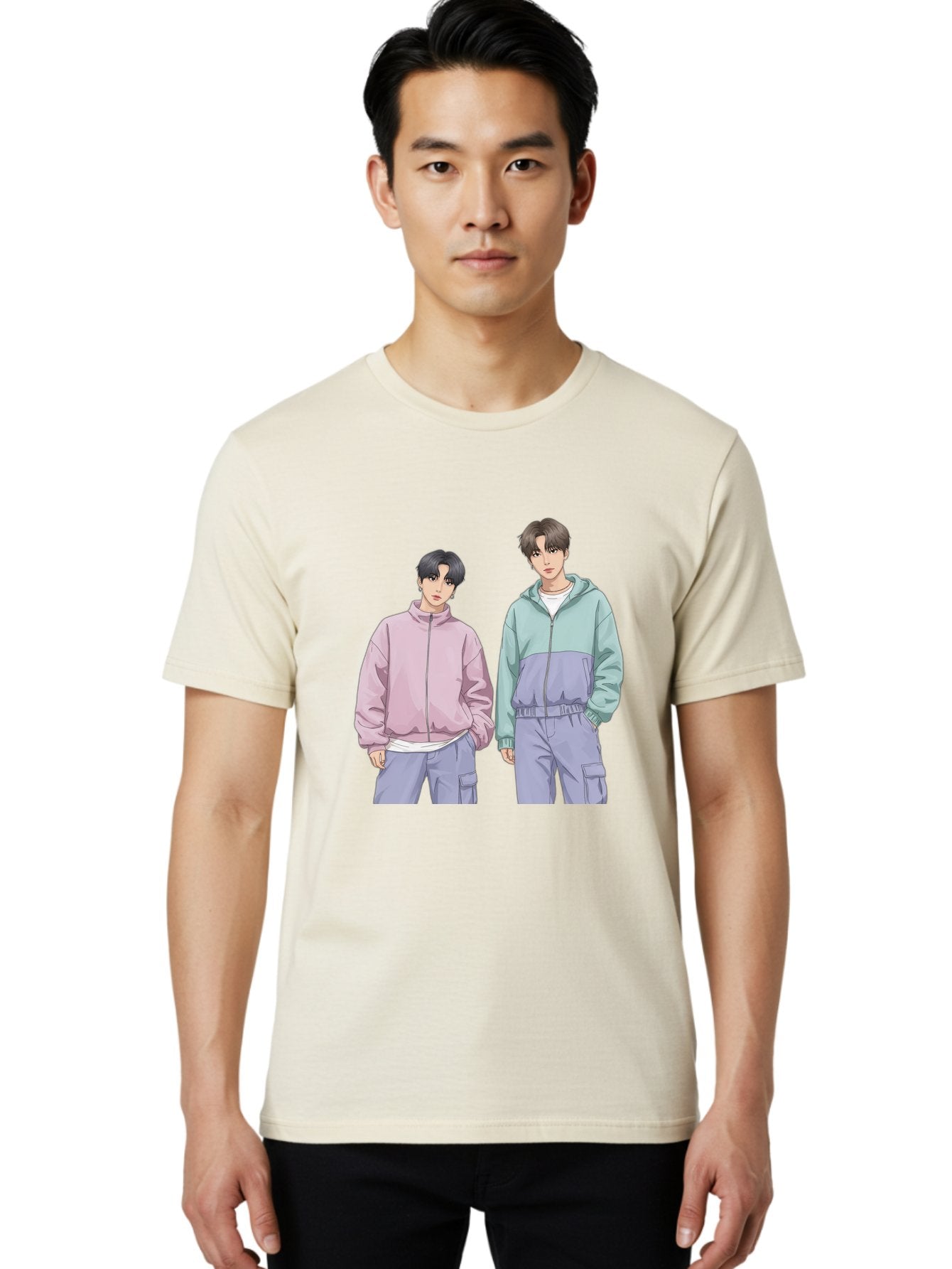 Two-Young-Men Men'S Graphic Tee, 100% Cotton, Comfortable Casual Summer Wear, Machine Washable, K-Pop Idols, Anime Style, Pastel Colors, Casual Wear, Streetwear Fashion, Purple Pants, Zip-Up Jackets, Modern Youth Culture Bac528 27