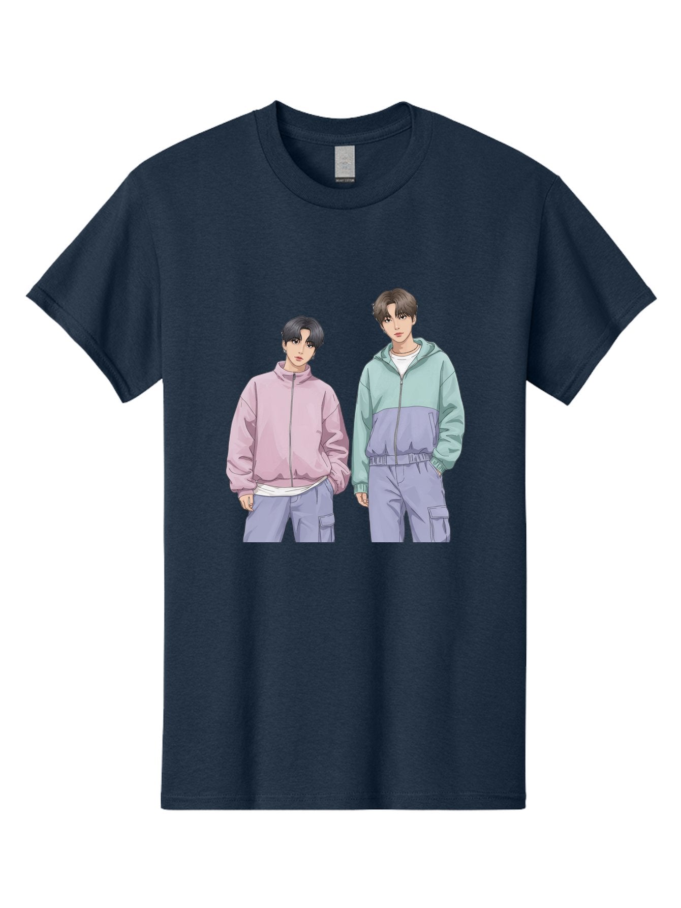 Two-Young-Men Men'S Graphic Tee, 100% Cotton, Comfortable Casual Summer Wear, Machine Washable, K-Pop Idols, Anime Style, Pastel Colors, Casual Wear, Streetwear Fashion, Purple Pants, Zip-Up Jackets, Modern Youth Culture Bac528 4