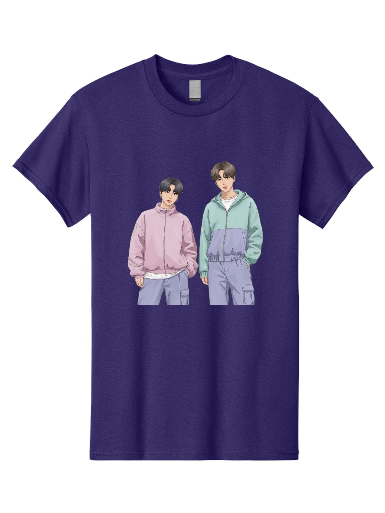 Two-Young-Men Men'S Graphic Tee, 100% Cotton, Comfortable Casual Summer Wear, Machine Washable, K-Pop Idols, Anime Style, Pastel Colors, Casual Wear, Streetwear Fashion, Purple Pants, Zip-Up Jackets, Modern Youth Culture Bac528 10