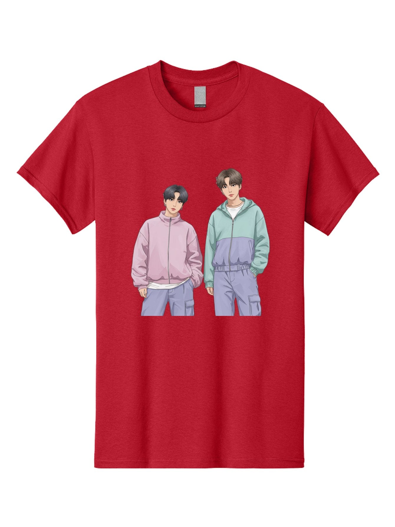 Two-Young-Men Men'S Graphic Tee, 100% Cotton, Comfortable Casual Summer Wear, Machine Washable, K-Pop Idols, Anime Style, Pastel Colors, Casual Wear, Streetwear Fashion, Purple Pants, Zip-Up Jackets, Modern Youth Culture Bac528 6