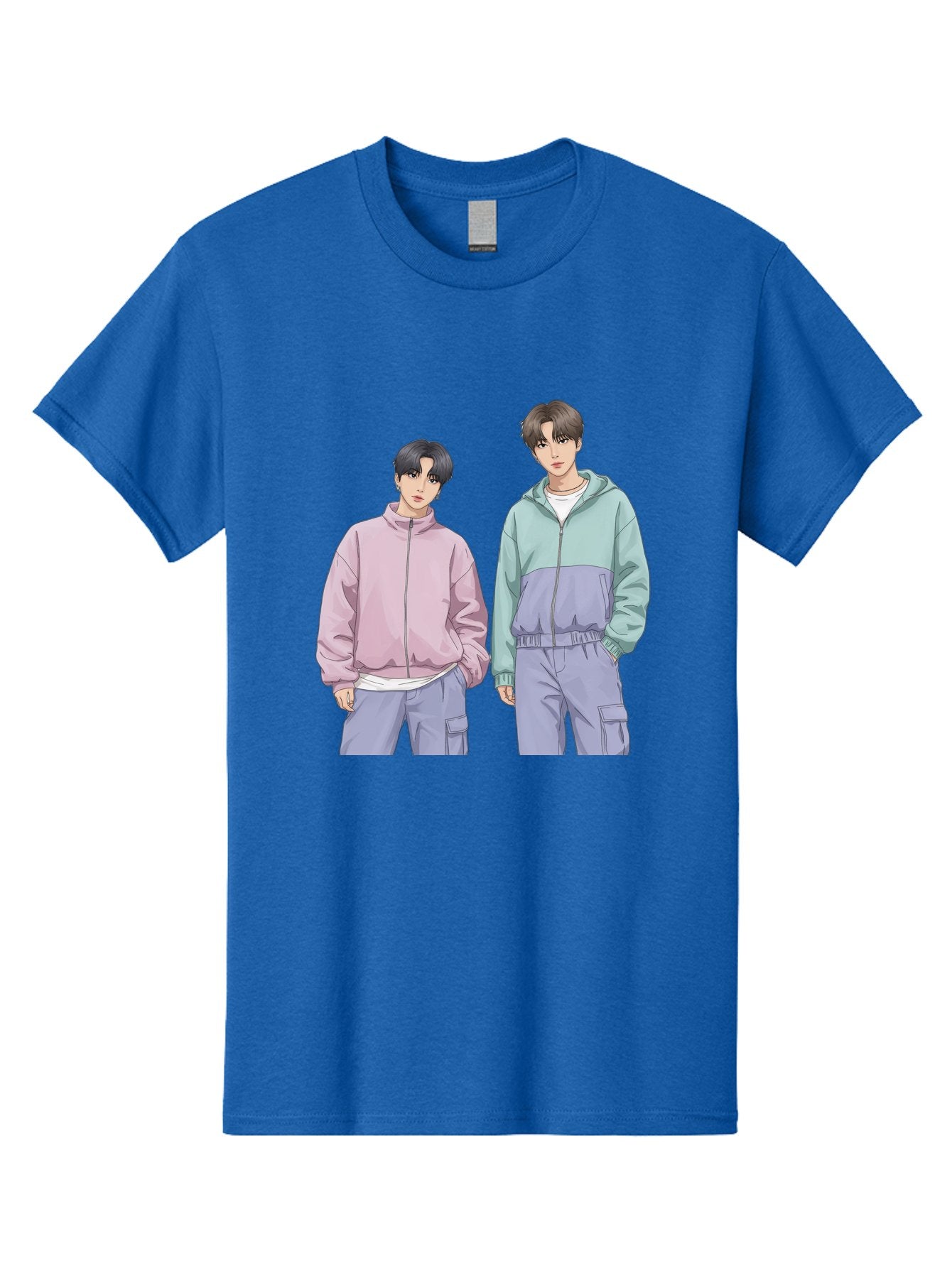 Two-Young-Men Men'S Graphic Tee, 100% Cotton, Comfortable Casual Summer Wear, Machine Washable, K-Pop Idols, Anime Style, Pastel Colors, Casual Wear, Streetwear Fashion, Purple Pants, Zip-Up Jackets, Modern Youth Culture Bac528 8