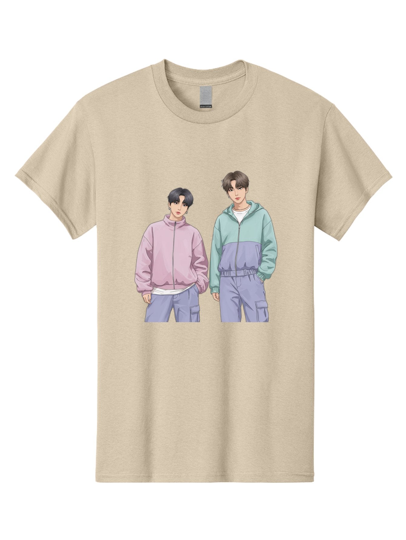 Two-Young-Men Men'S Graphic Tee, 100% Cotton, Comfortable Casual Summer Wear, Machine Washable, K-Pop Idols, Anime Style, Pastel Colors, Casual Wear, Streetwear Fashion, Purple Pants, Zip-Up Jackets, Modern Youth Culture Bac528 12