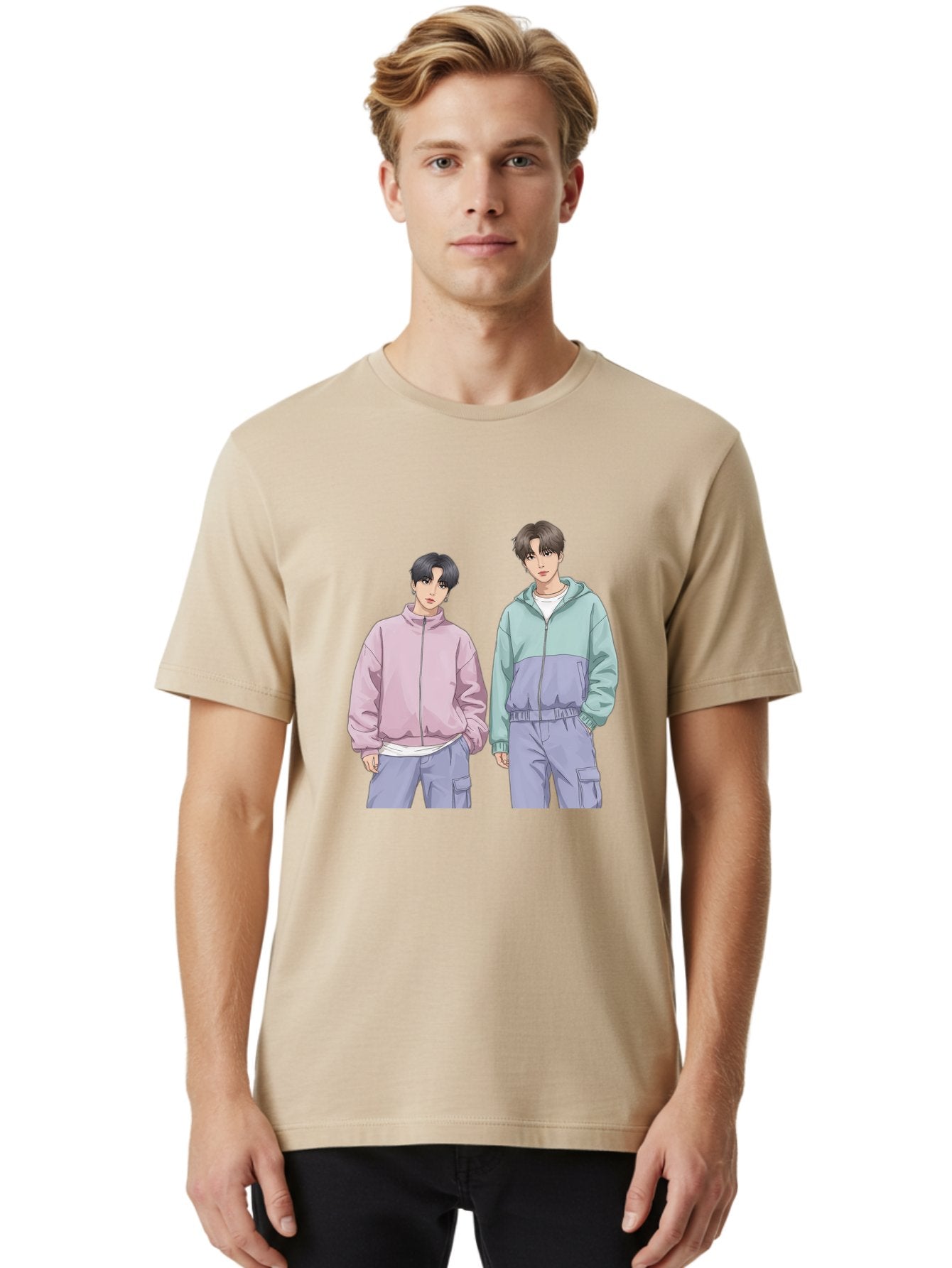 Two-Young-Men Men'S Graphic Tee, 100% Cotton, Comfortable Casual Summer Wear, Machine Washable, K-Pop Idols, Anime Style, Pastel Colors, Casual Wear, Streetwear Fashion, Purple Pants, Zip-Up Jackets, Modern Youth Culture Bac528 28