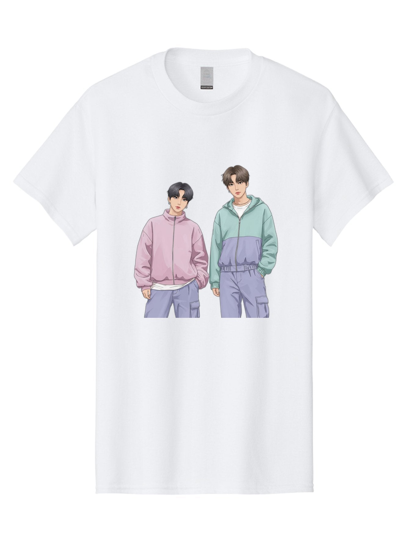 Two-Young-Men Men'S Graphic Tee, 100% Cotton, Comfortable Casual Summer Wear, Machine Washable, K-Pop Idols, Anime Style, Pastel Colors, Casual Wear, Streetwear Fashion, Purple Pants, Zip-Up Jackets, Modern Youth Culture Bac528 13
