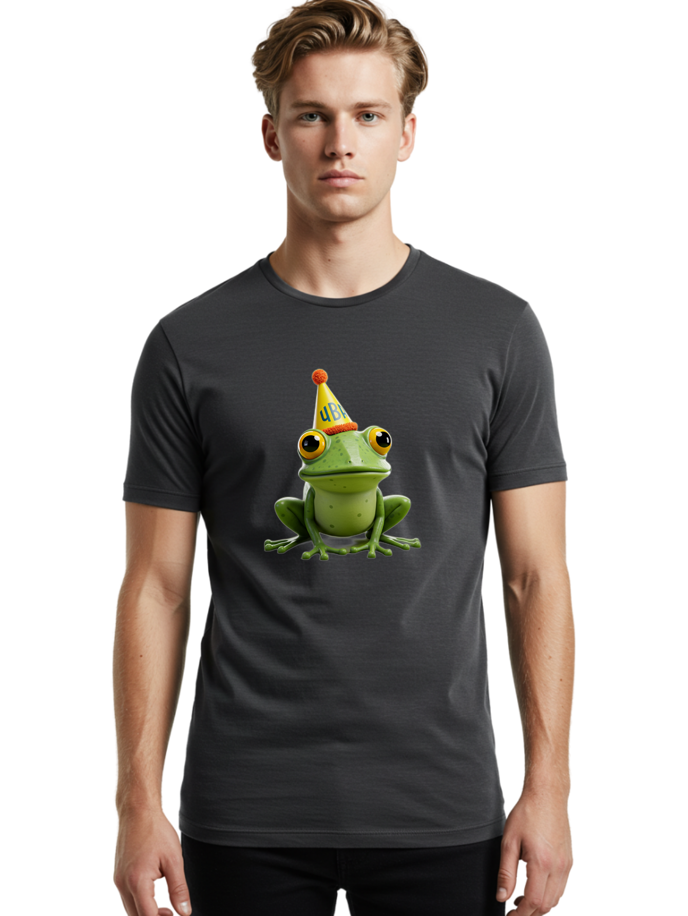 Ube-Frog Men'S Graphic Tee, 100% Cotton, Comfortable Casual Summer Wear, Machine Washable, Cartoon Frog, Party Hat, Funny Animal, Quirky Character, Amusement, Comical Illustration, Festive Vibe, Humor, Meme Inspiration, Entertaining Graphic Bac530 26