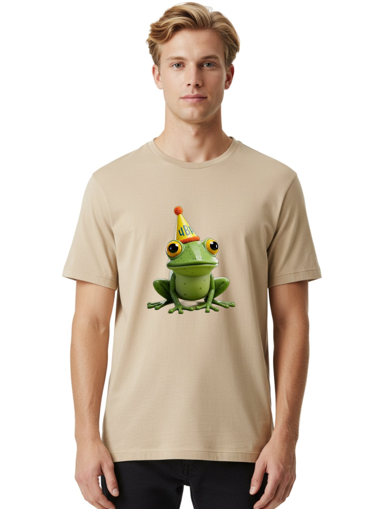 Ube-Frog Men'S Graphic Tee, 100% Cotton, Comfortable Casual Summer Wear, Machine Washable, Cartoon Frog, Party Hat, Funny Animal, Quirky Character, Amusement, Comical Illustration, Festive Vibe, Humor, Meme Inspiration, Entertaining Graphic Bac530 30