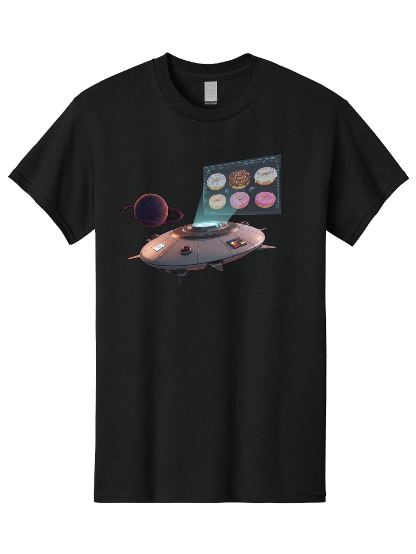 Ufo-Donuts Men'S Graphic Tee, 100% Cotton, Comfortable Casual Summer Wear, Machine Washable, Ufo Spaceship, Donut Menu, Assorted Donuts, Digital Display, Planet, Rings, Futuristic, Outer Space, Sci-Fi, Donuts With Sprinkles, Chocolate Frosting Bac532 9