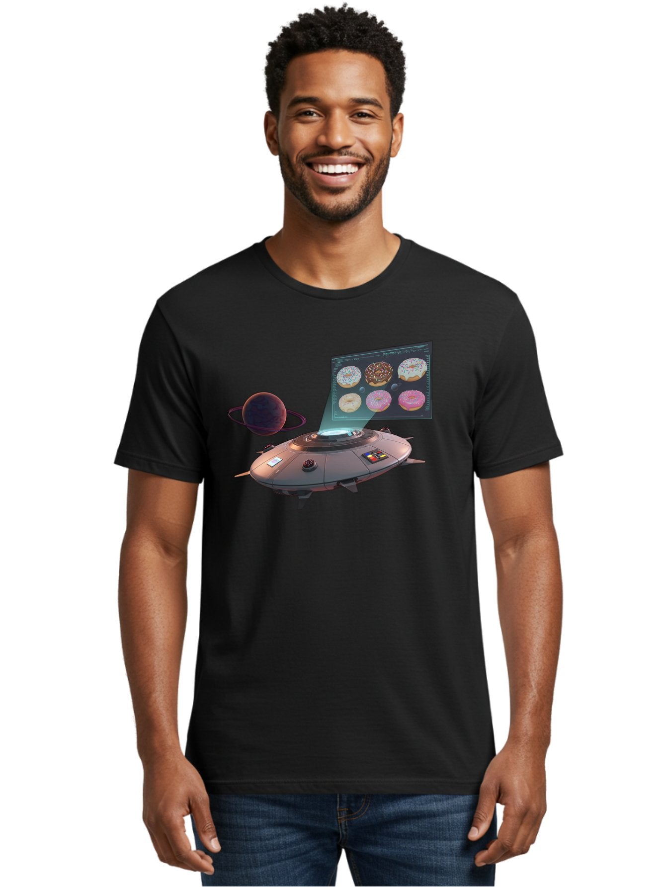 Ufo-Donuts Men'S Graphic Tee, 100% Cotton, Comfortable Casual Summer Wear, Machine Washable, Ufo Spaceship, Donut Menu, Assorted Donuts, Digital Display, Planet, Rings, Futuristic, Outer Space, Sci-Fi, Donuts With Sprinkles, Chocolate Frosting Bac532 26